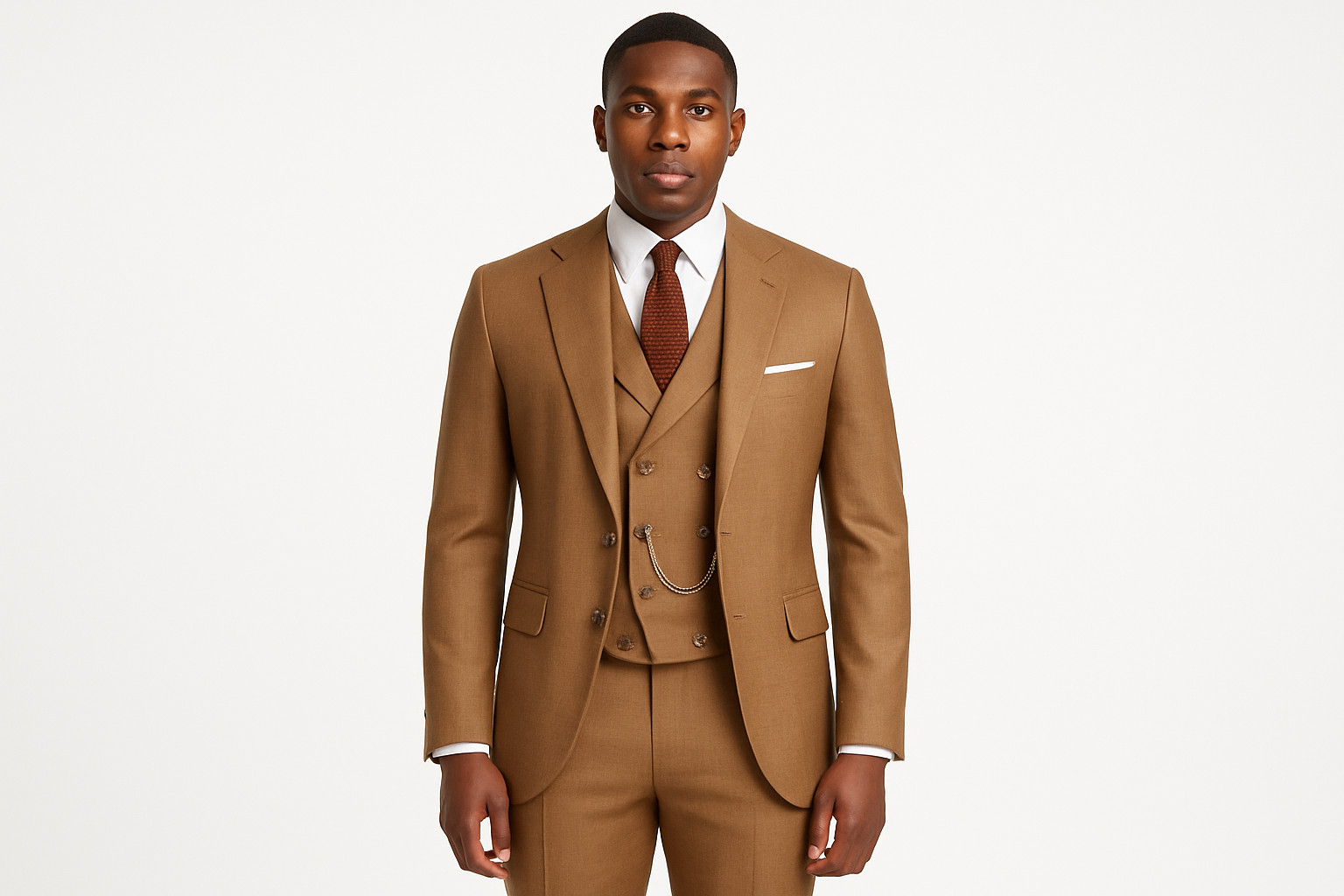 VINCI Men’s Modern Fit 3-Piece Suit with Adjustable Waist Band Pants Light Brown