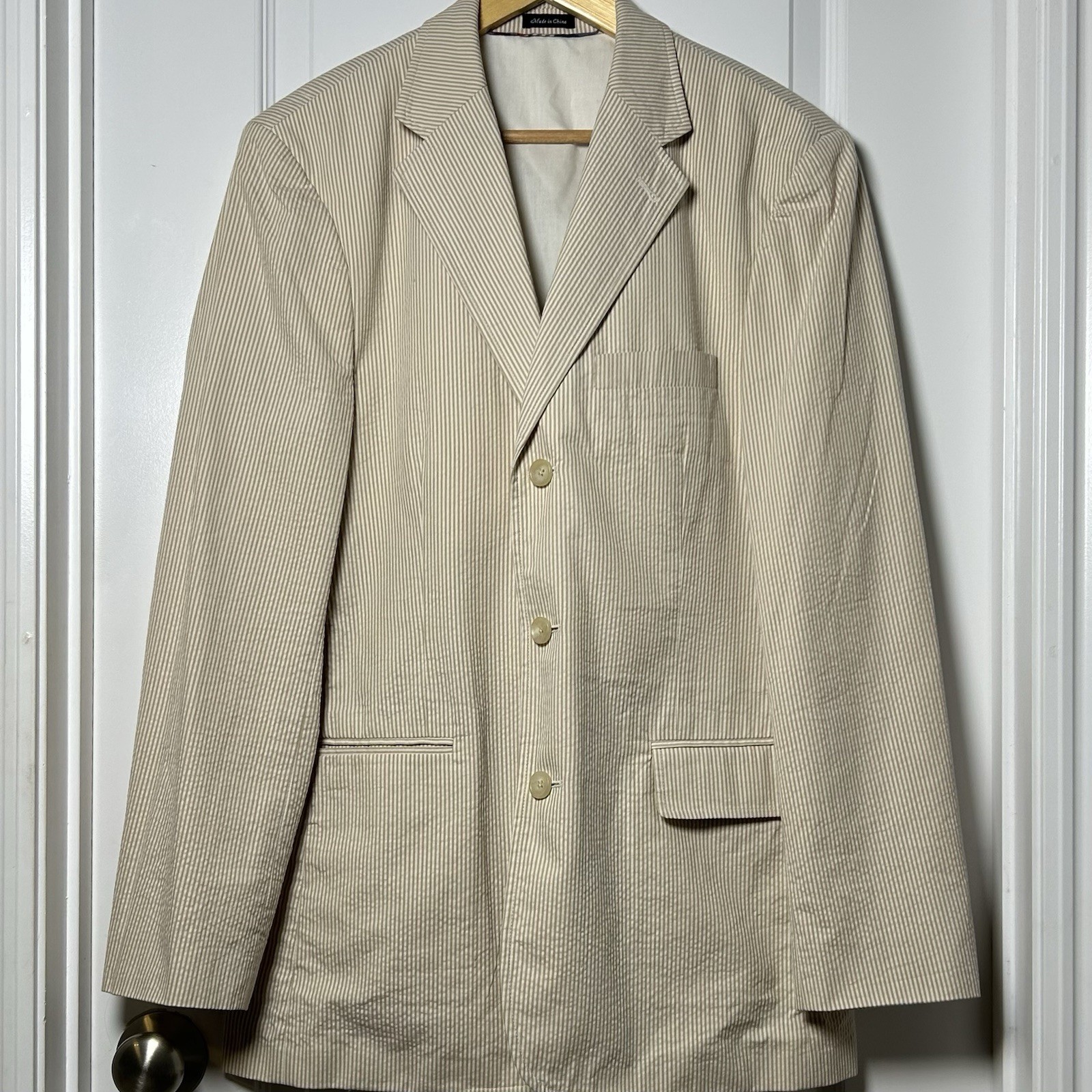 J.Crew Khaki Stripe Cotton Seersucker Blazer Preppy Ivy League Heritage Style