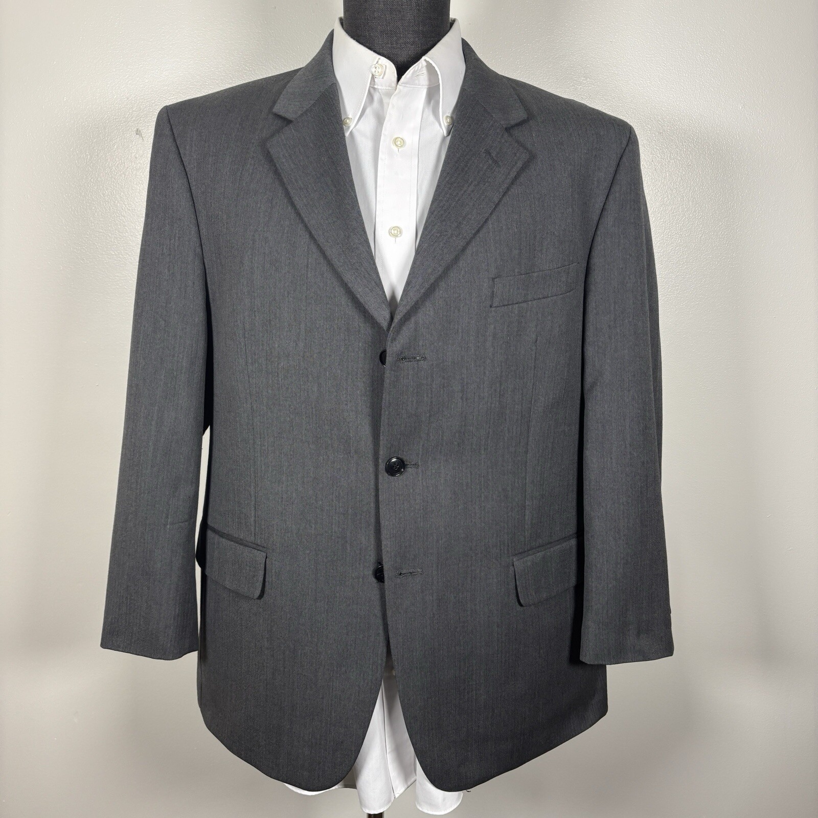 Jones New York Blazer Jacket Mens 44S Solid Gray Three Button Wool Cashmere