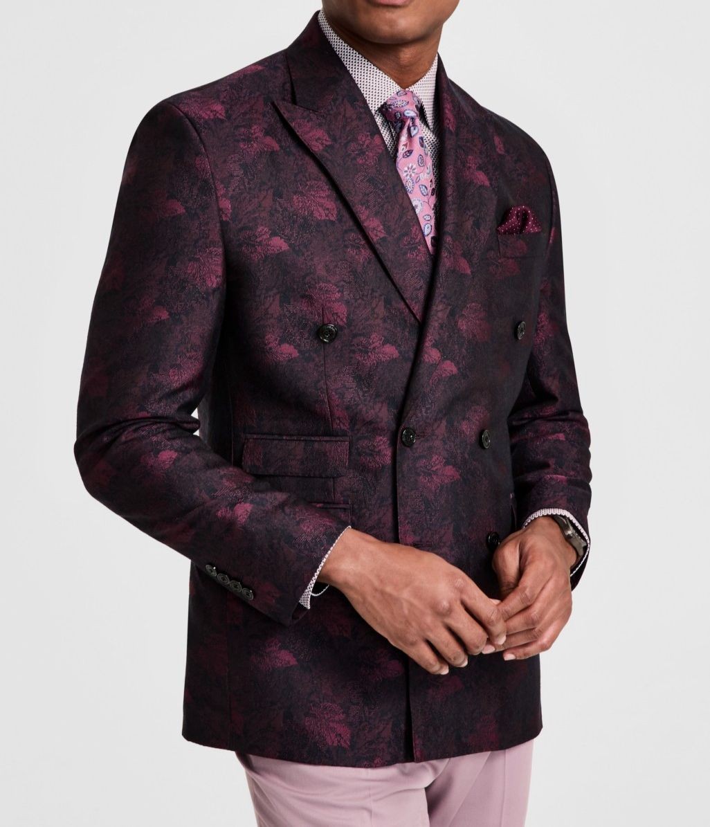 Tayion Collection Men’s Red Classic-Fit Jacquard Double-Breasted Jacket Size 48L