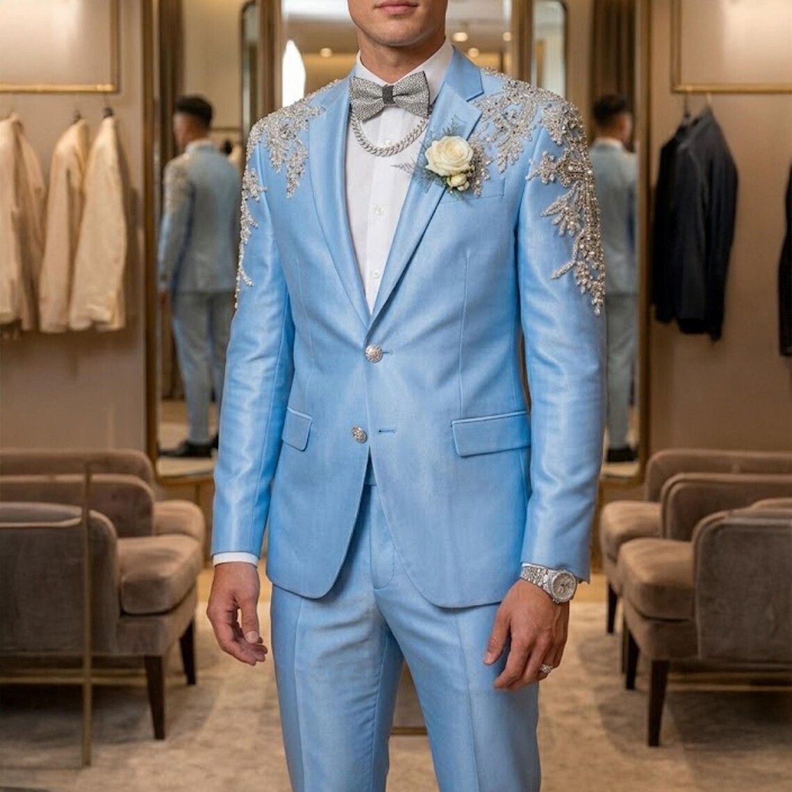 Blue Beading Wedding Grooms Suits 2Pcs Luxury Glitter Sparkly Coat Prom Party