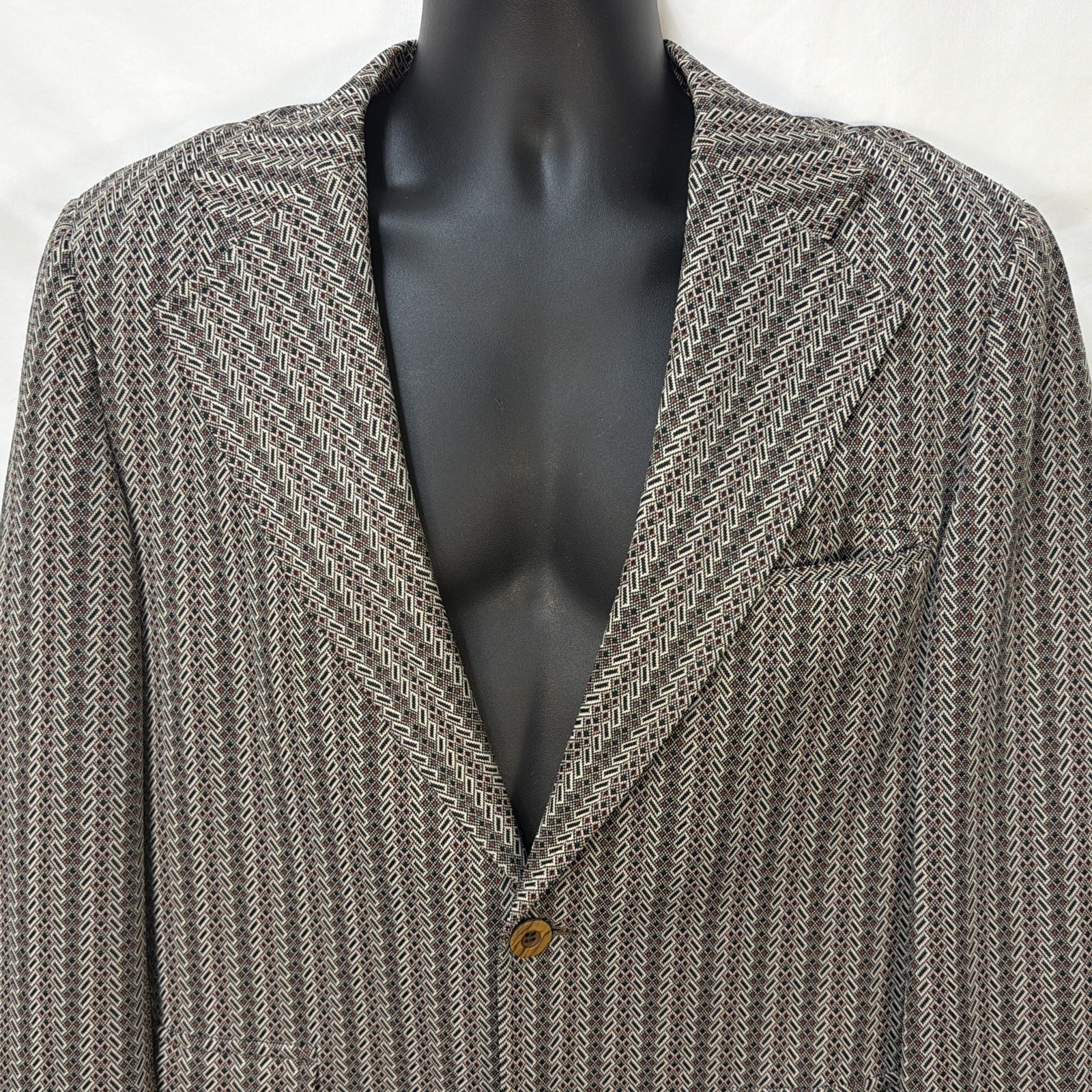 VINTAGE 70S BARONET ABSTRACT HOUNDSDTOOTH JACQUARD SPORT COAT BLAZER 46″ CHEST