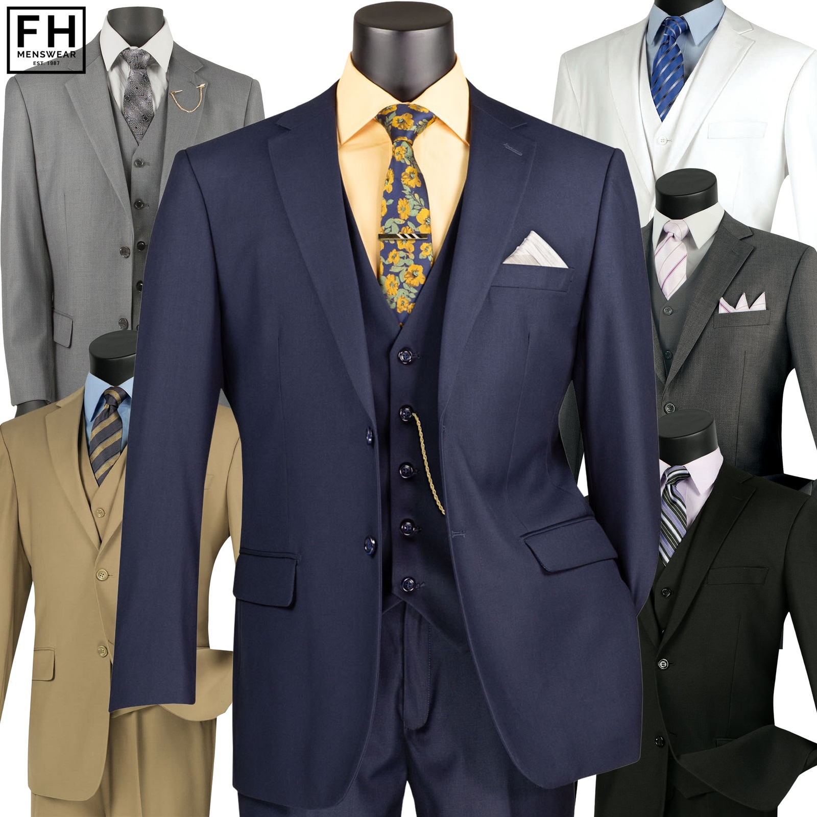 VINCI Men’s 3-Piece Suit 36S-64R, 6 Colors, Classic-Fit – NEW