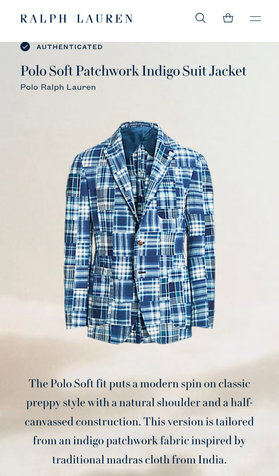POLO Ralph Lauren Blue Label Soft Patchwork Indigo Suit Jacket, Size 44 R – NWOT