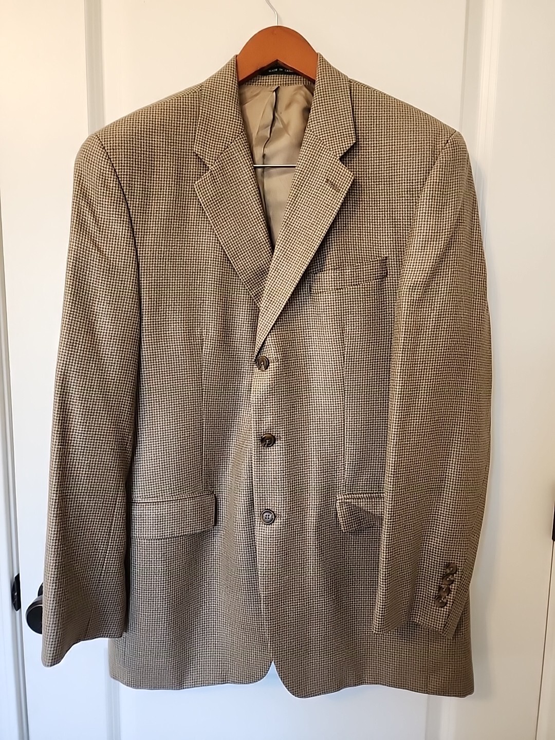 Ralph Lauren Silk Wool Blazer Sport Coat Mens 42L Tan Houndstooth Jacket Career