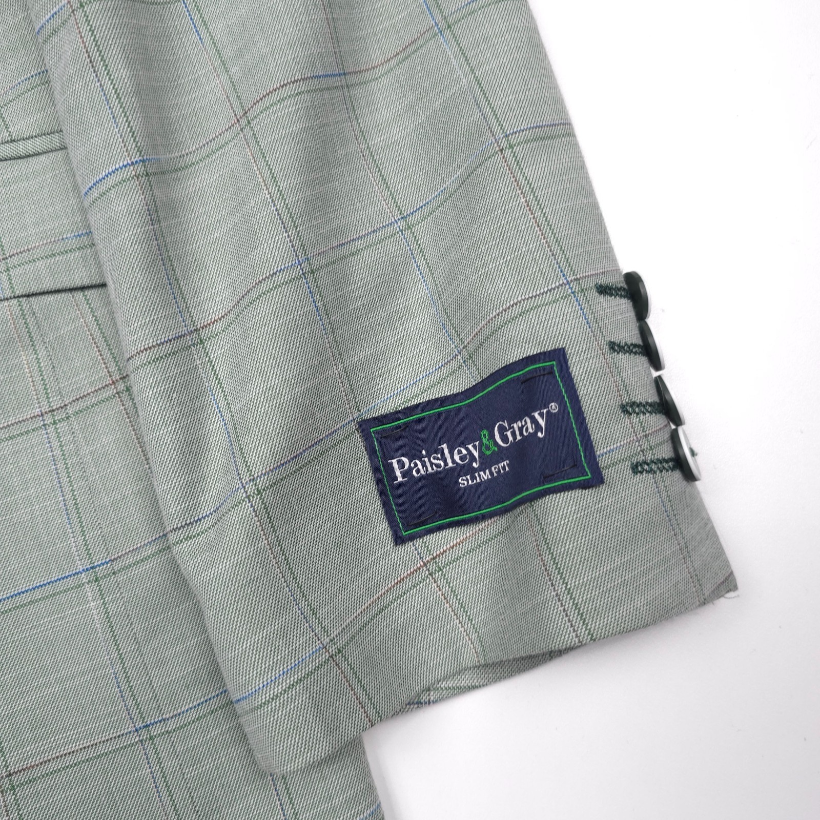 Paisley & Gray Suit Mens 46R X 40 Slim Fit Light Green Plaid 2-Piece NWT