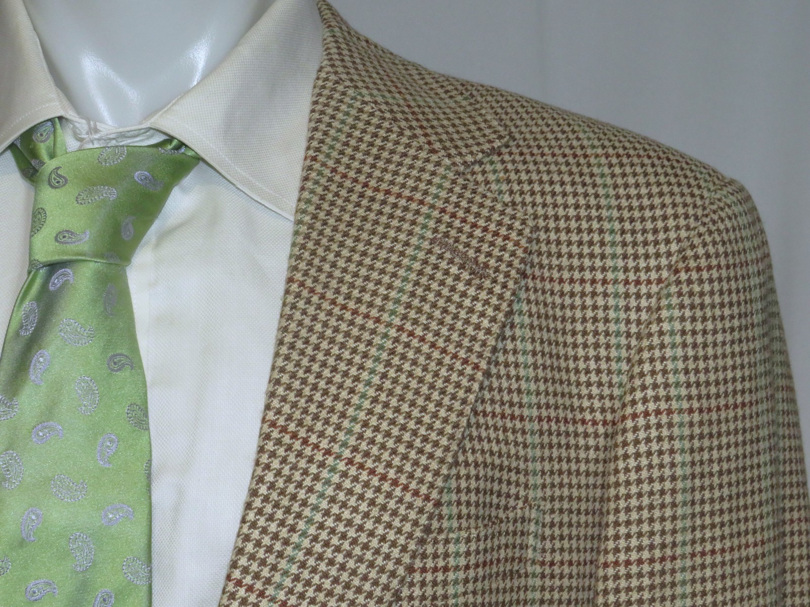 Polo Ralph Lauren VTG USA Beige Houndstooth 100% Silk Two Button Sport Coat 41L