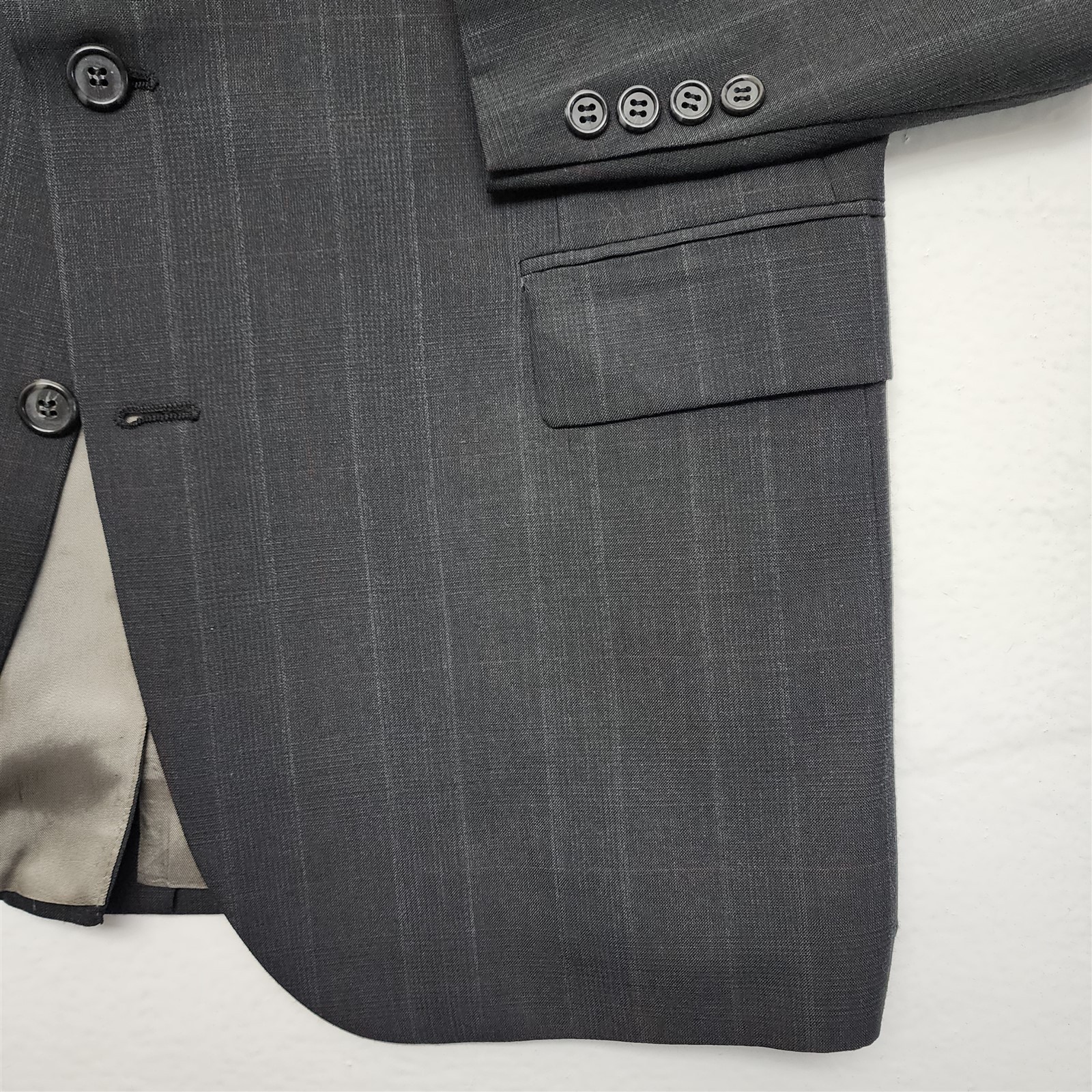 Vtg Sansabelt USA 42R 36×28 Dark Gray Check Wool 2Btn 2Pc Mens Jacket Pants Suit