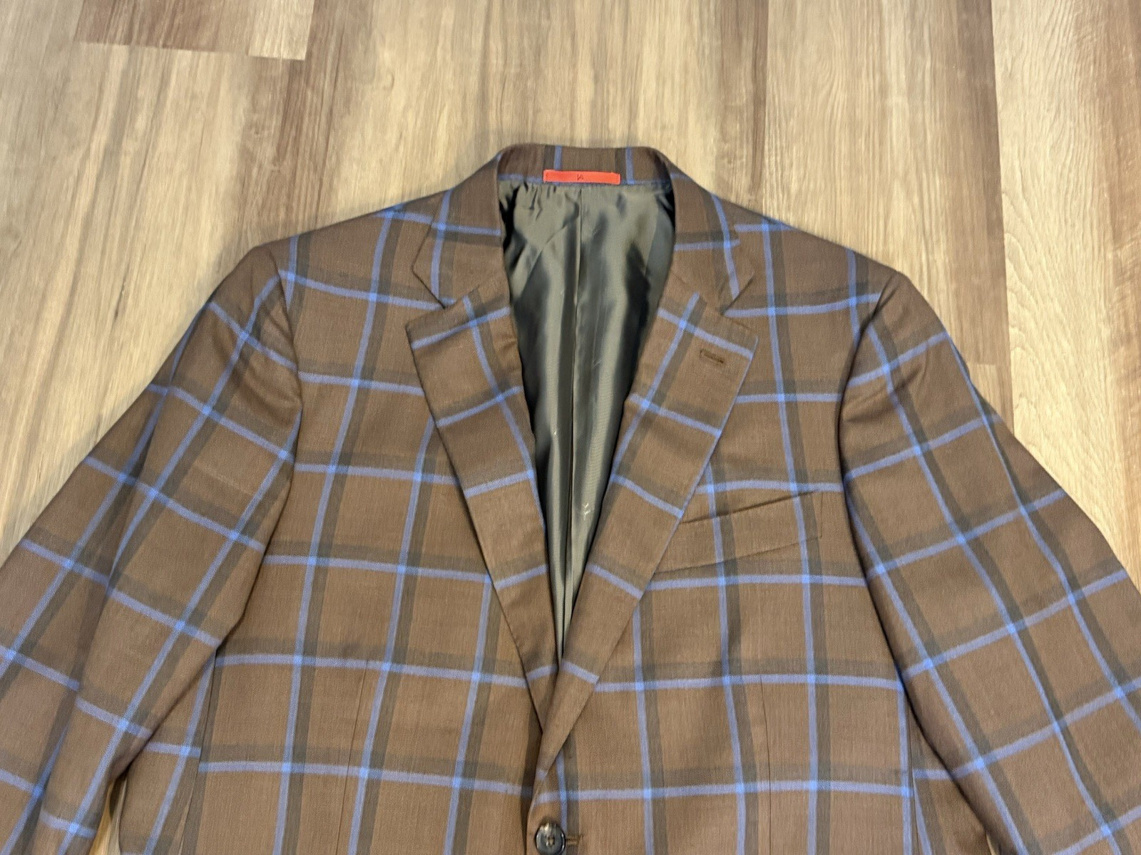 ISAIA Napoli Sanita Sport Coat 44R 54EU Brown Blue Windowpane Wool Silk NWOT