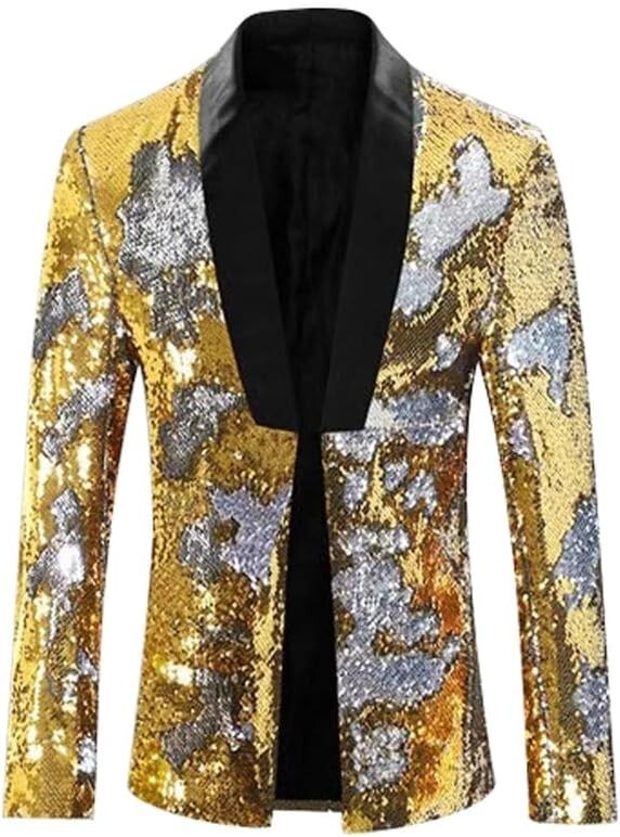 1 Piece Black Satin Trimmed Gold/Silver Open Front Mens Sequins Jacket Sz Med
