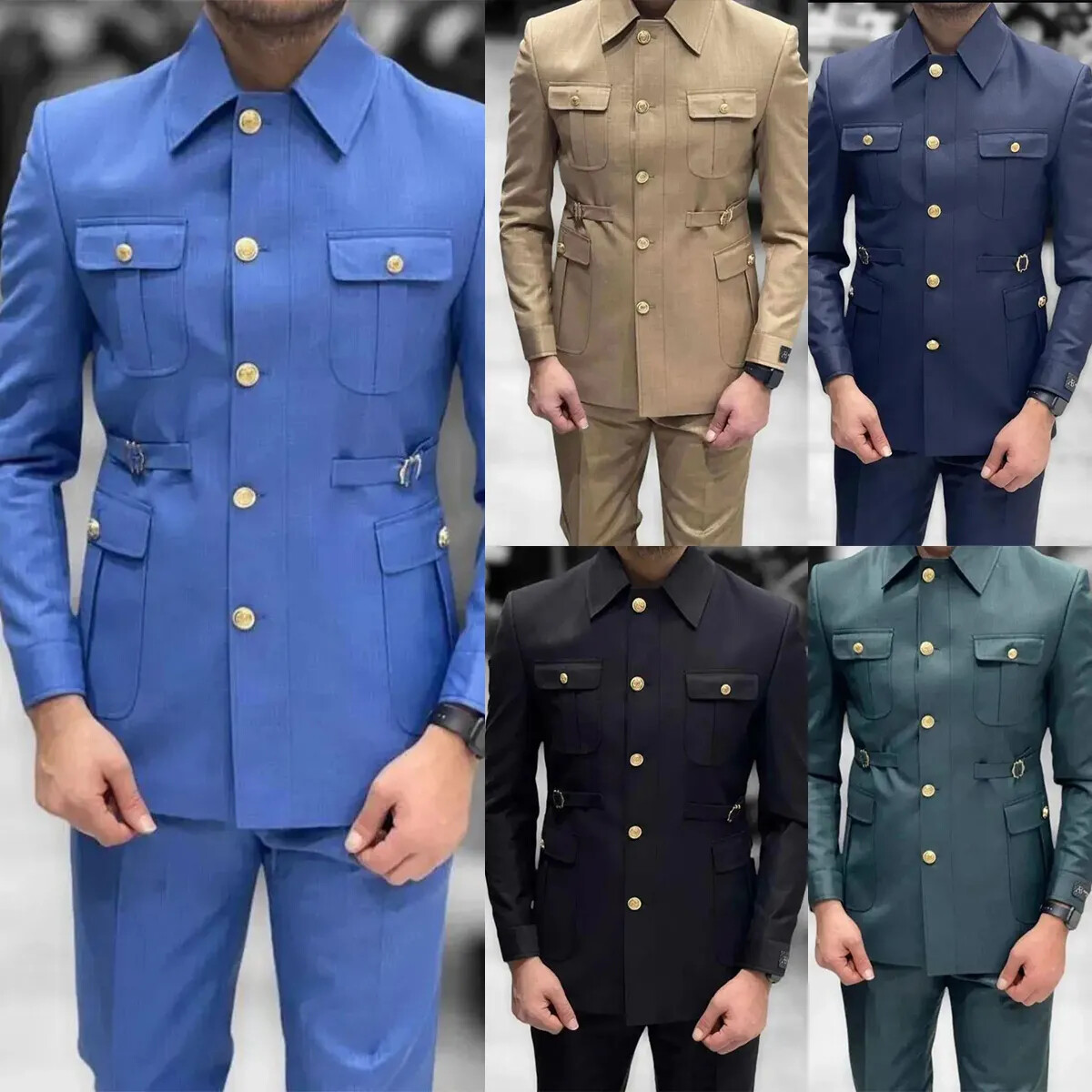 Men’s Suit Safari Jacket Four Pockets Wedding Business Outdoor Hunting Coat Pant