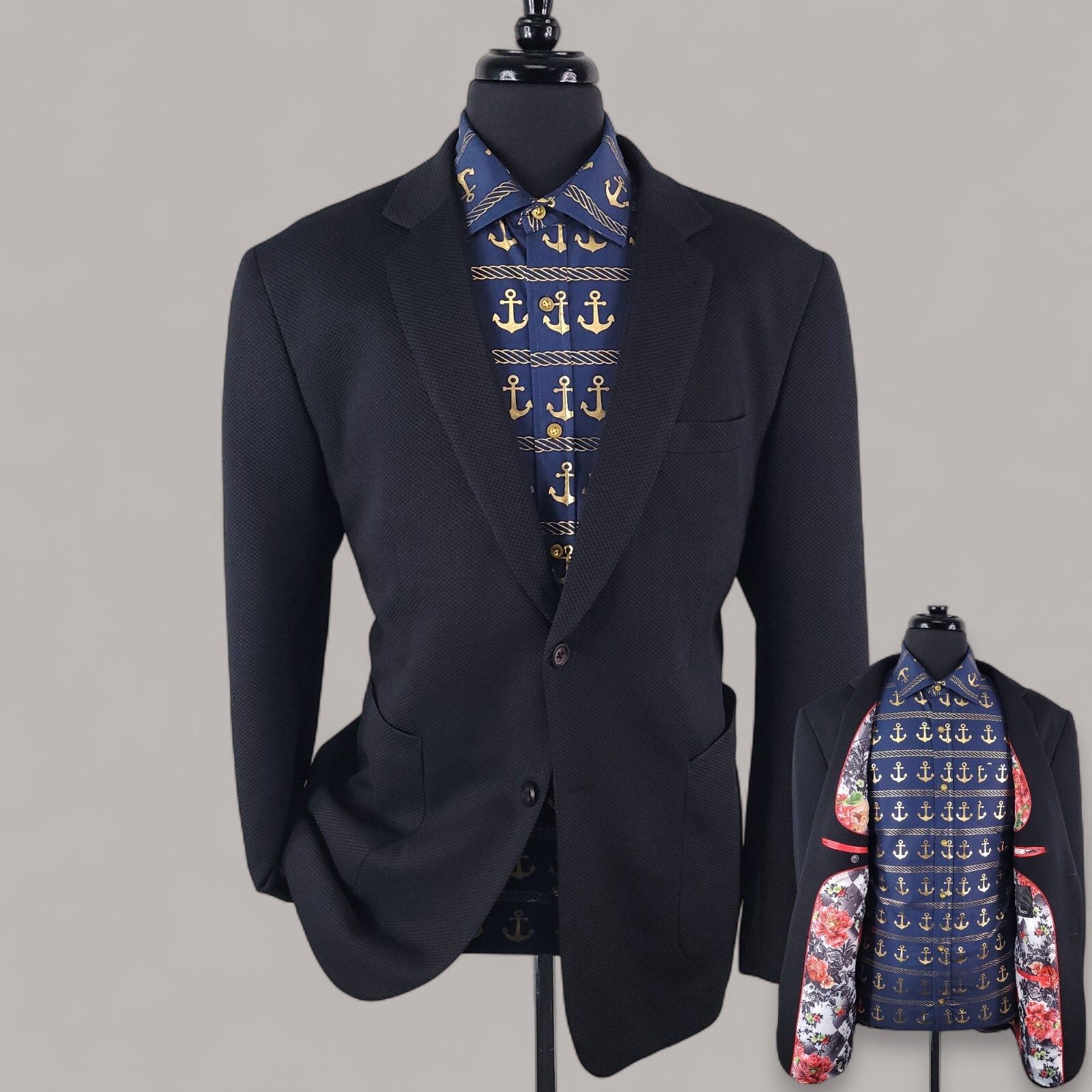 TR Premium Blazer Mens 48R Black Jersey Mesh Floral Lined Sport Coat Casual