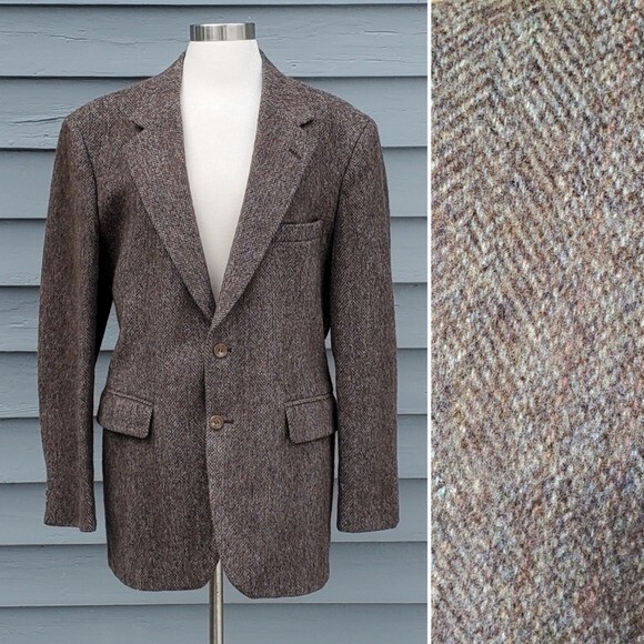 Vintage 80s Retro Preppy Herringbone Brown Multicolor Wool Blazer 40R