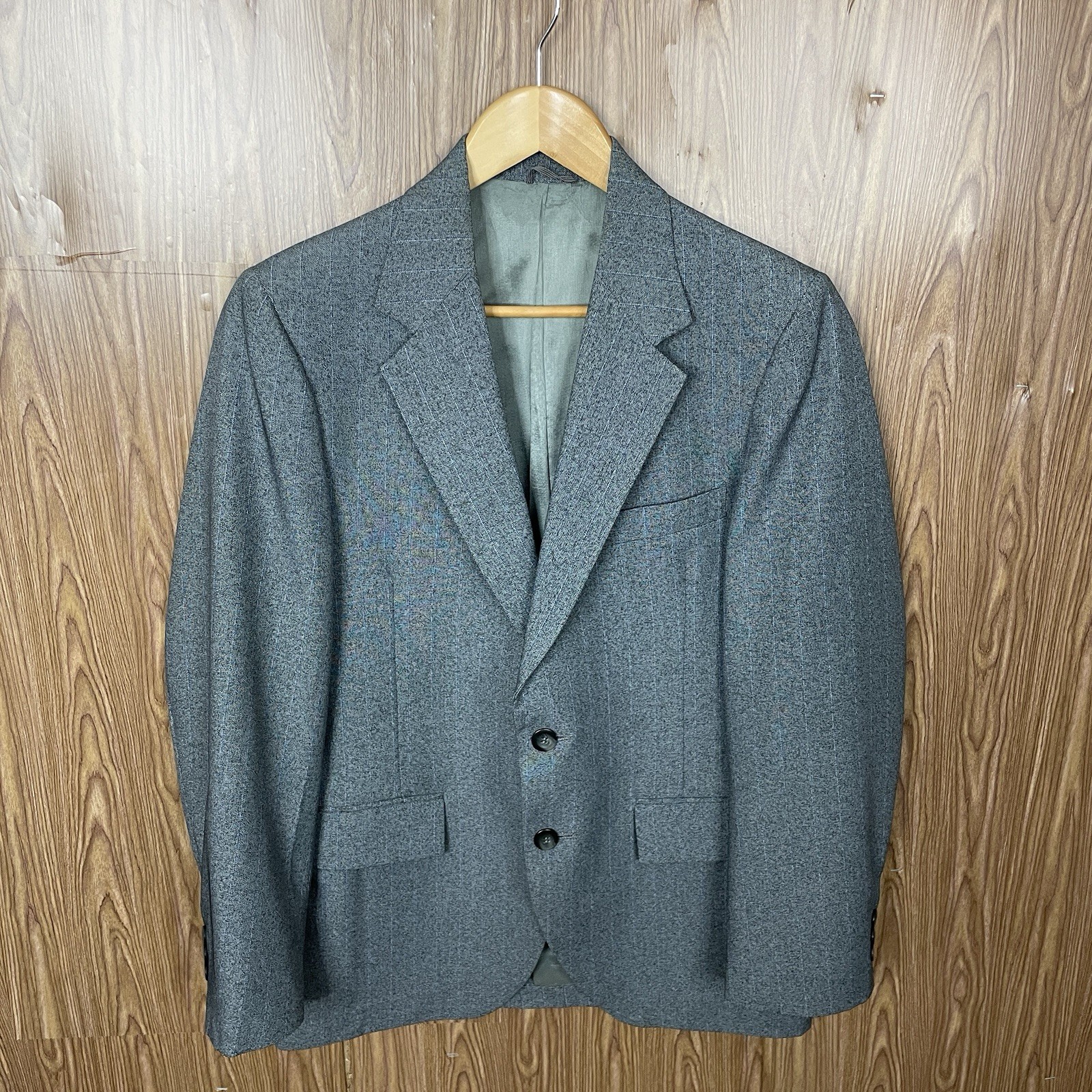 3 Piece Suit Mens 36S 34×27 Gray Brown Blue Striped Polyester Wool Two Buttons