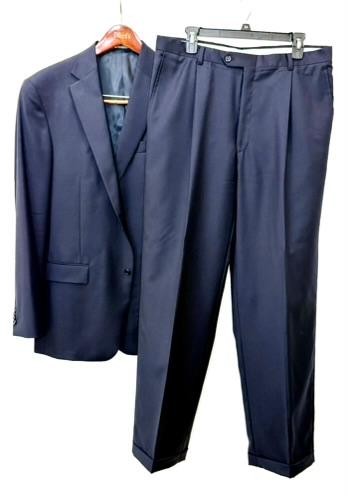 Hart Schaffner Marx Mens 2 Piece Suit 41L Navy Blue Wool Blend Pleated Pants USA