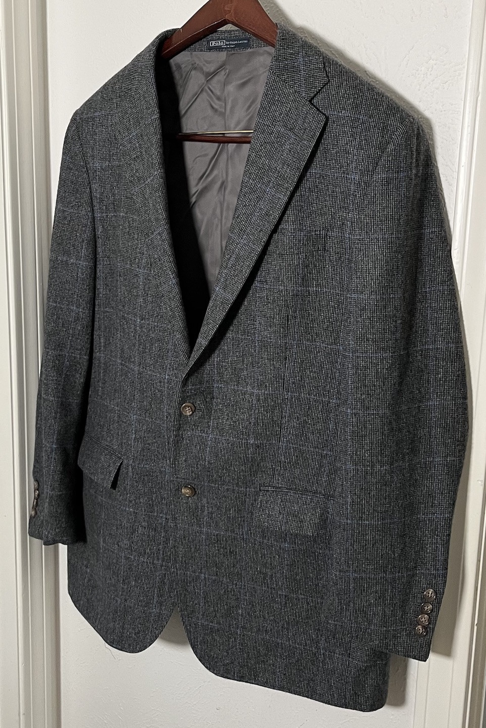 Polo Ralph Lauren x Corneliani 100% Flannel Wool Gray Blue Plaid 2Btn Blazer 44L