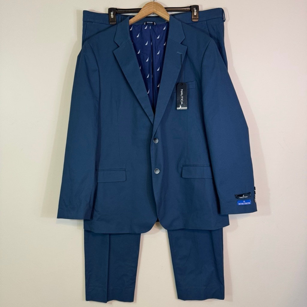 NAUTICA Modern-Fit Seasonal Cotton Stretch Suit Set Marine Blue 48L Blazer x 43W