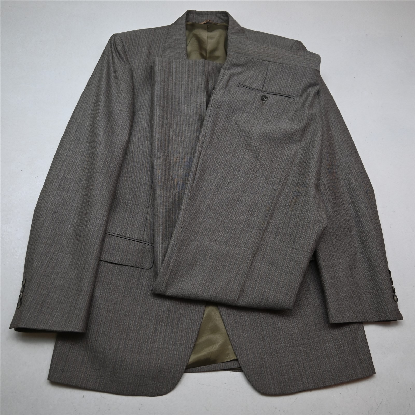 Vtg USA Made 38L 32×34 Tan Brown Striped Mens Jacket Pants Suit
