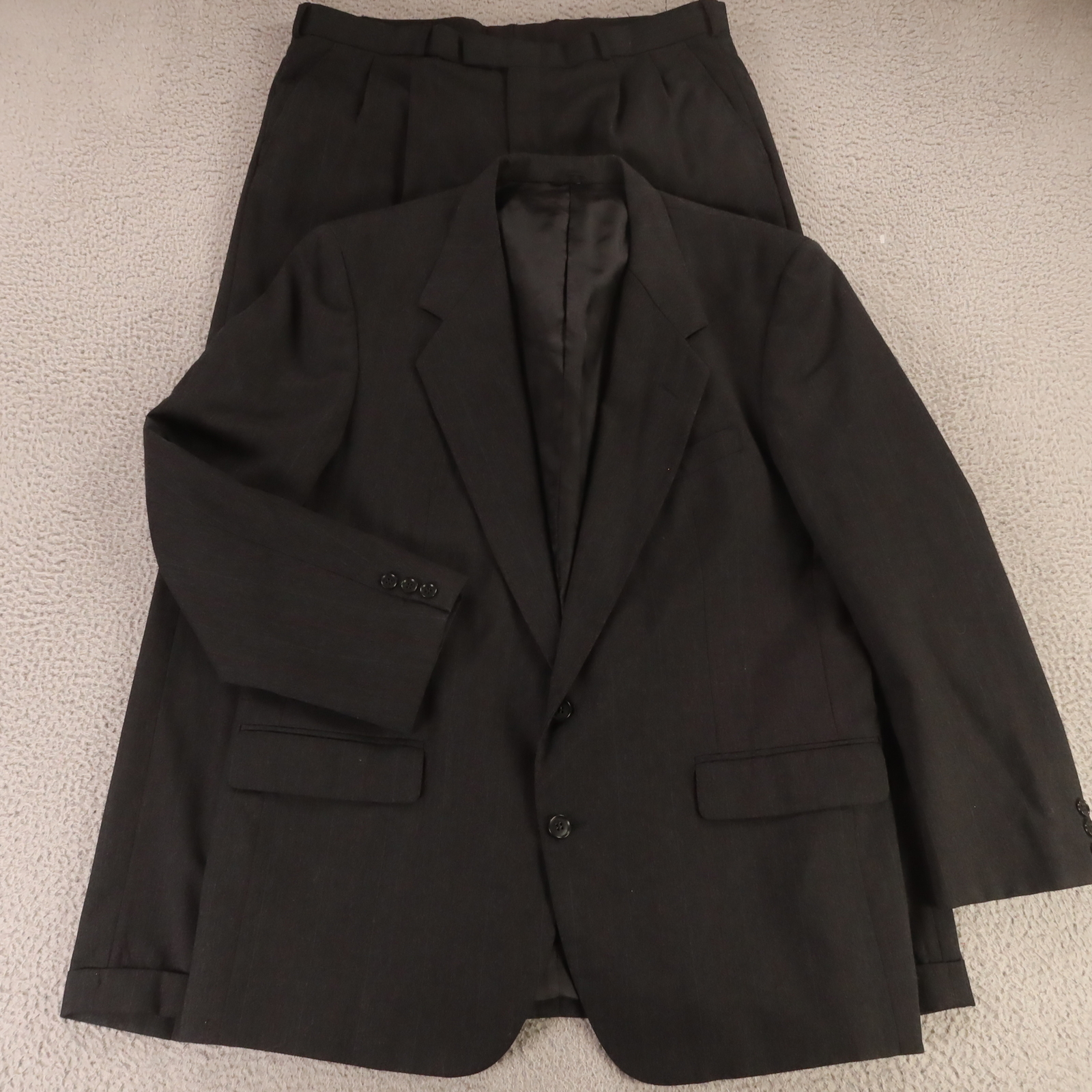VTG Chalk Stripe Suit M Gray Heather 100% Wool Hopsack 43R 37×28