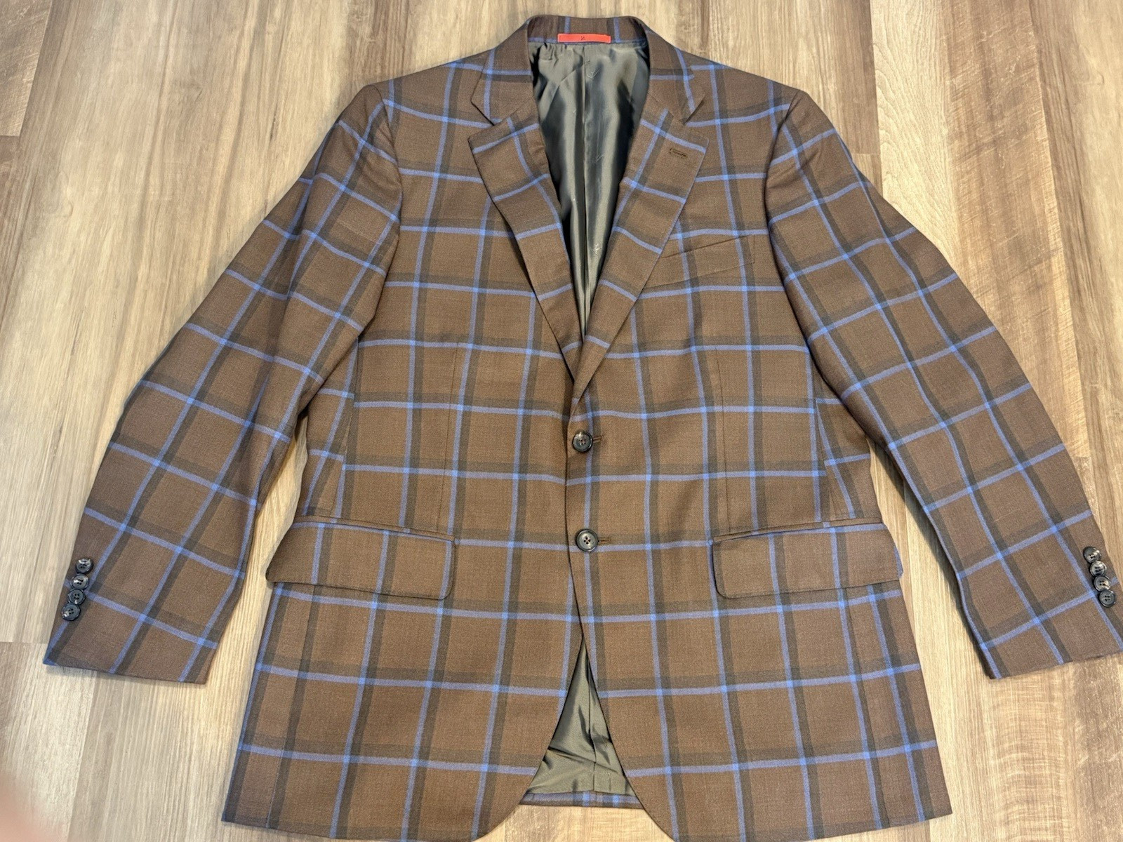 ISAIA Napoli Sanita Sport Coat 44R 54EU Brown Blue Windowpane Wool Silk NWOT