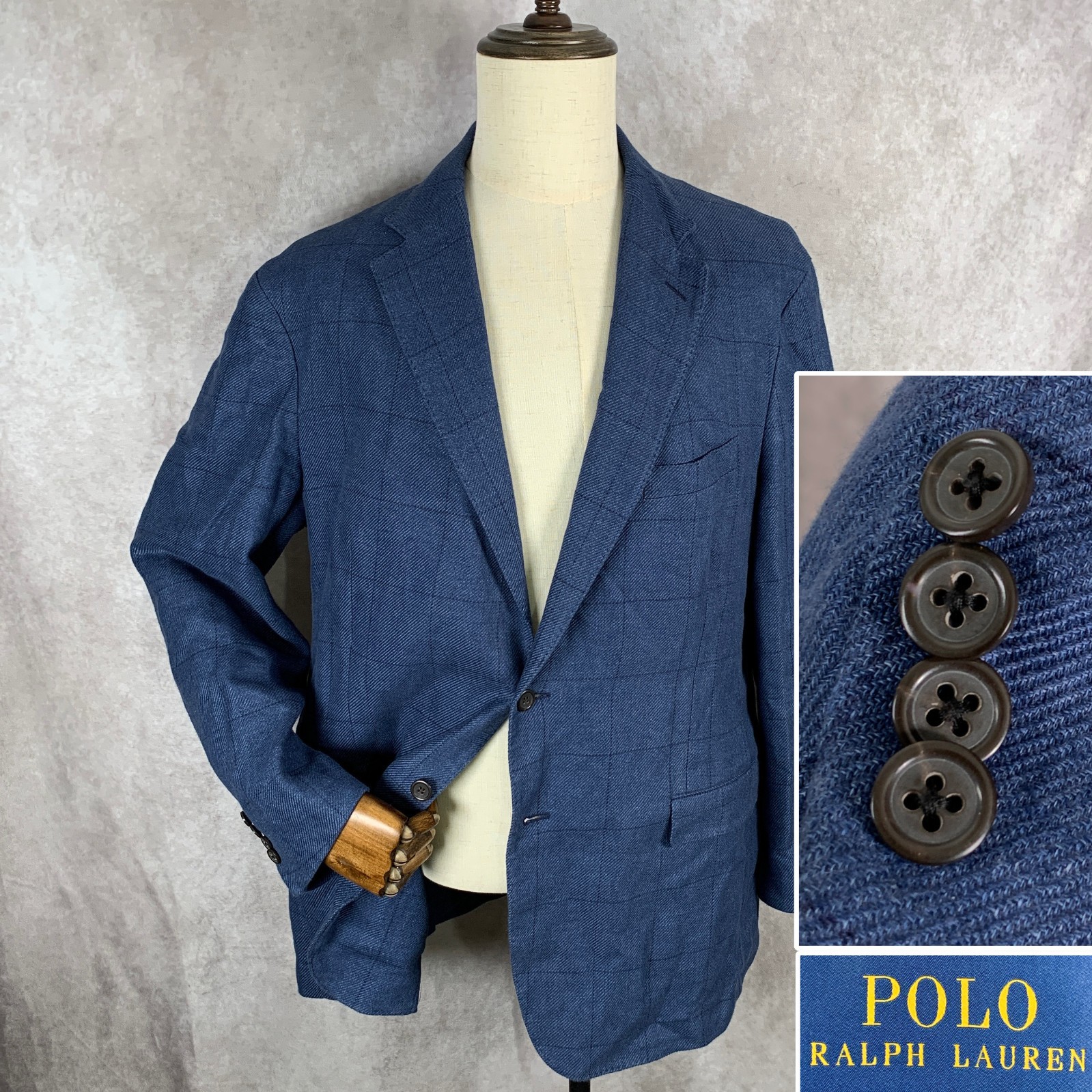 Polo Ralph Lauren Linen Blazer Jacket Men 46L Blue Windowpane Sport Coat Unlined