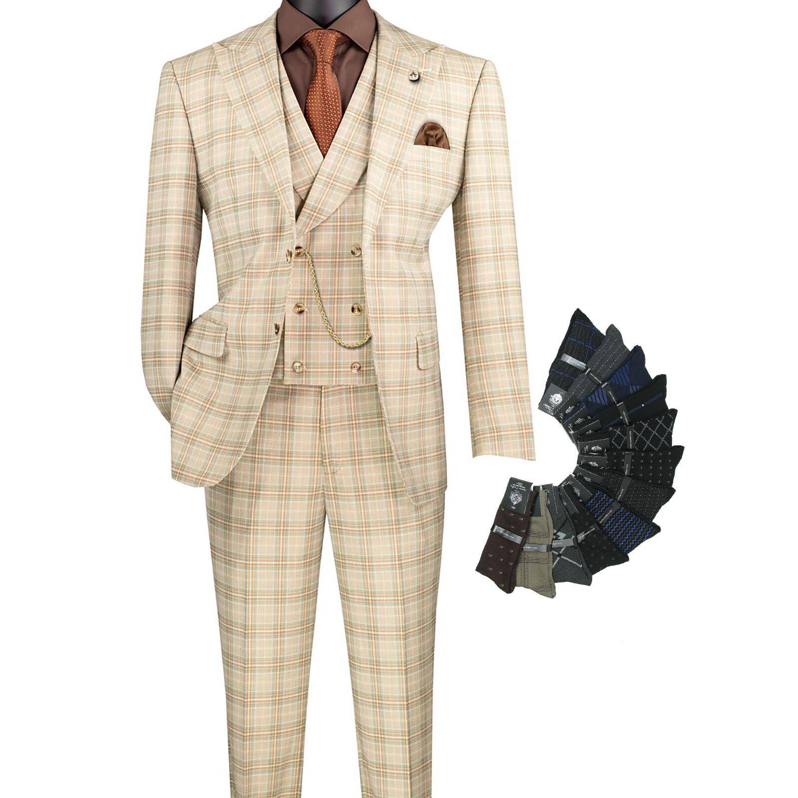 Handsome Men Modern-Fit, 3-pc Windowpane Suit KHAKI (Stretch), w/Socks, $359+