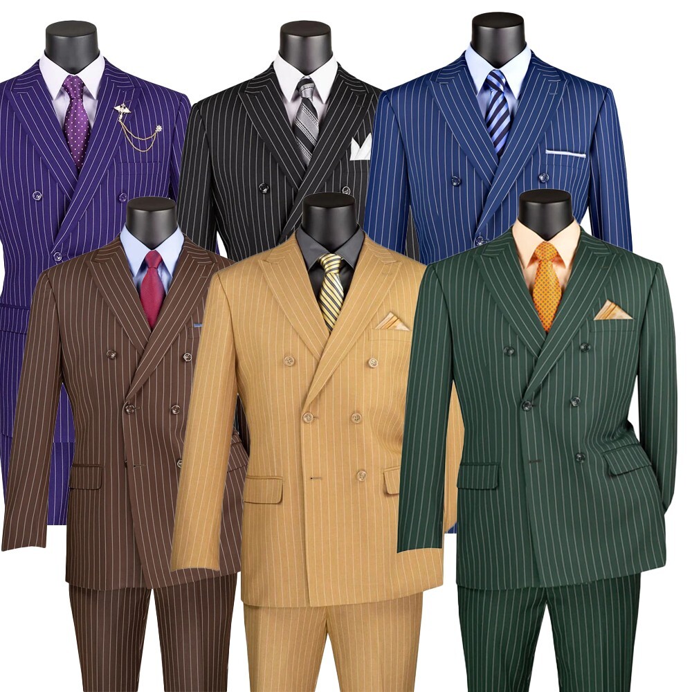 Vinci Men Charcoal Pinstripe Double Breasted Classic Regular Fit Suit NEW