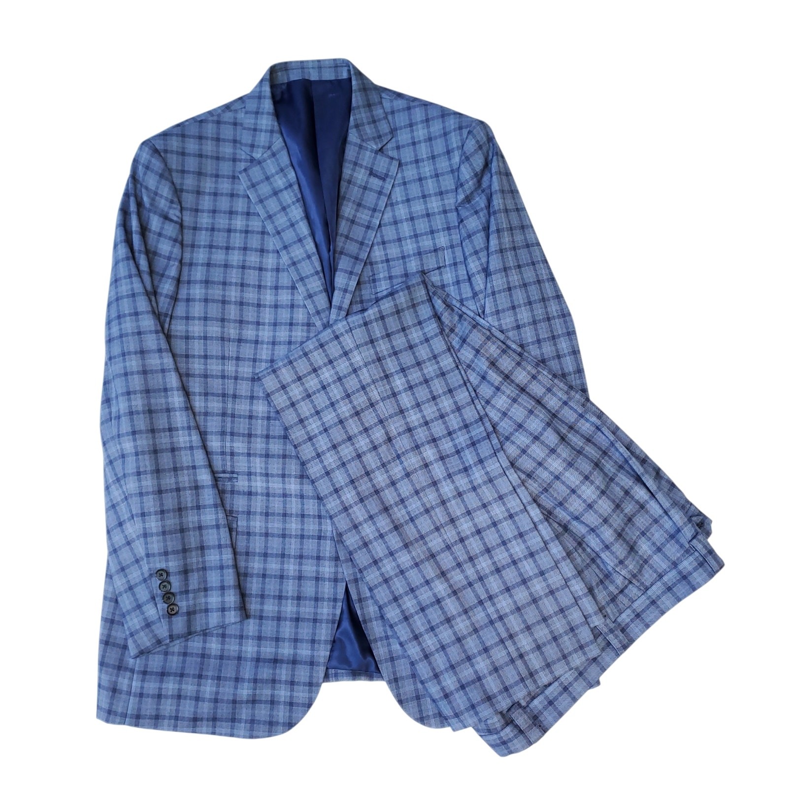Steve Harvey Samson Blue Glen Plaid 2pc Suit Summer Light Poly Rayon 46L 38×32