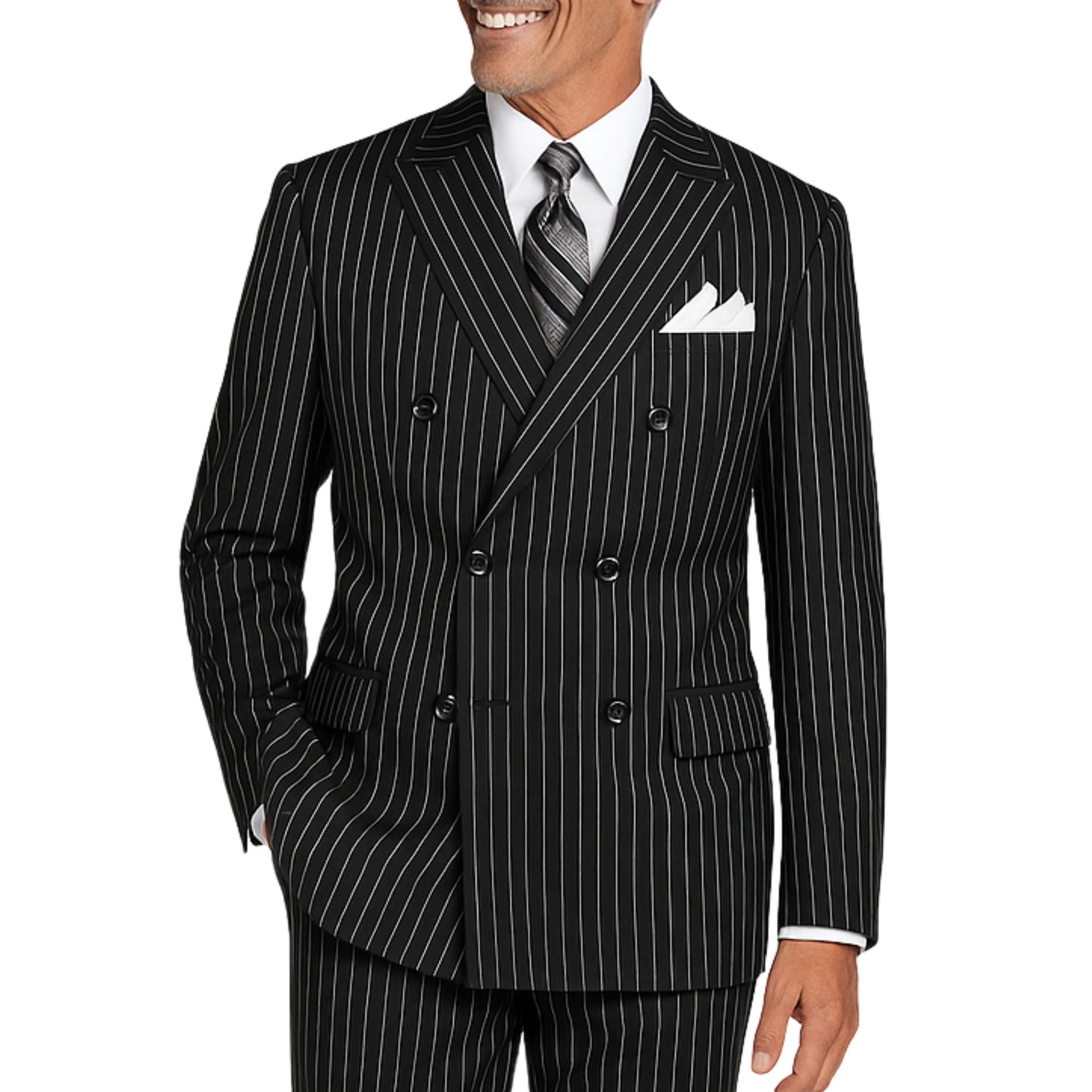 BIG & TALL Men’s Black Pinstripe Double-Breasted Reg-Fit Suit w/ Adj Waist NWT