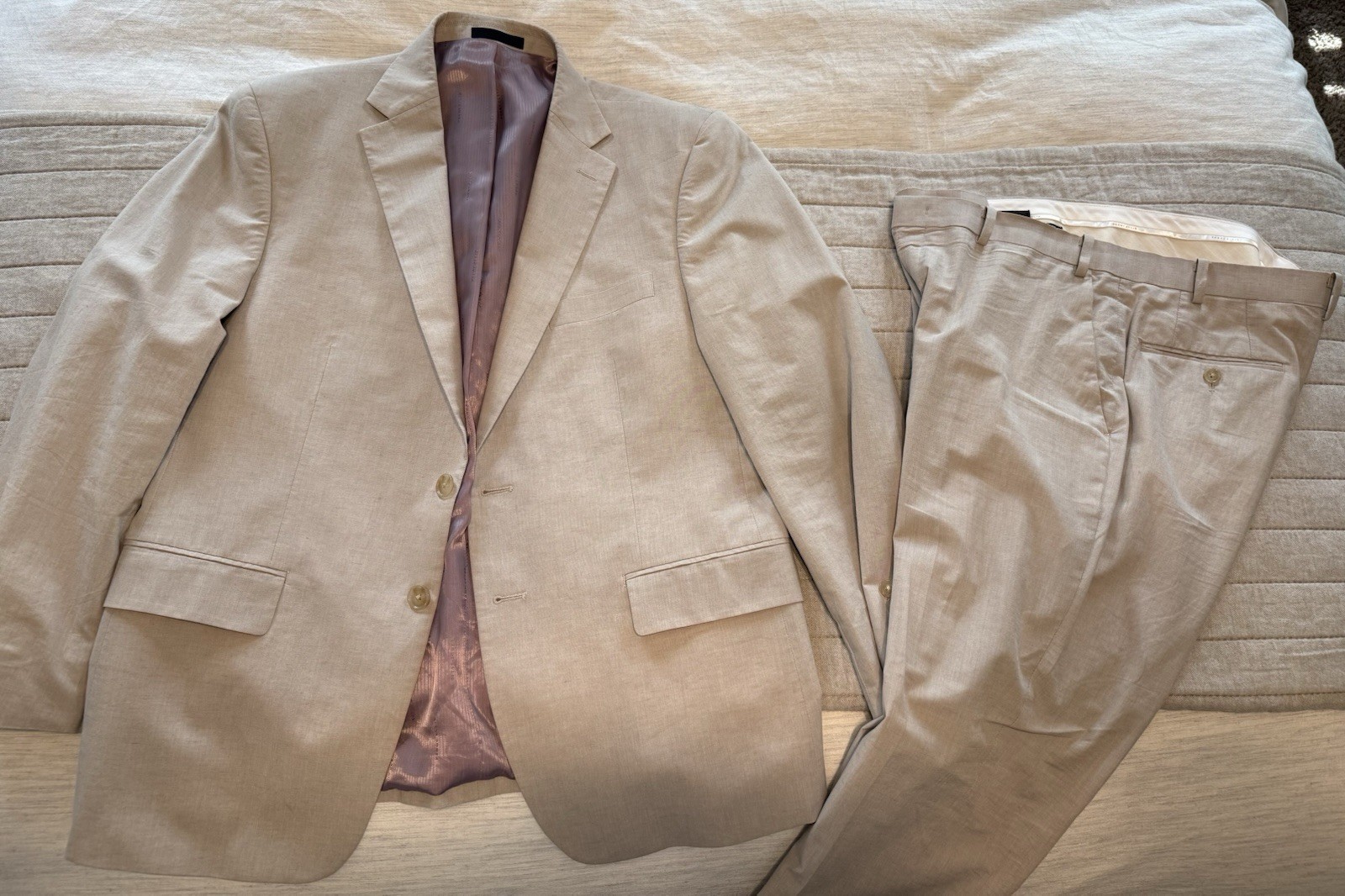 Perry Ellis Slim Fit Beige 2-Piece Linen Suit 44 Short, 36×30 Pants