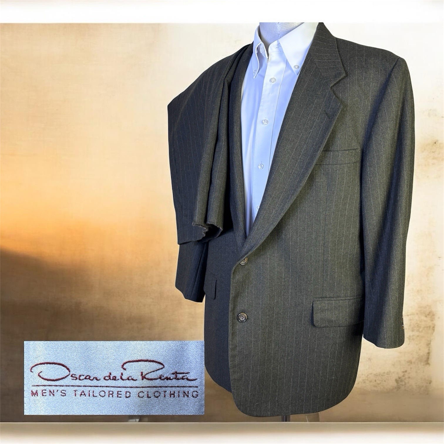 Oscar de la Renta 2 Piece Suit Mens 50S 40×26 Green Stripe Flannel Wool