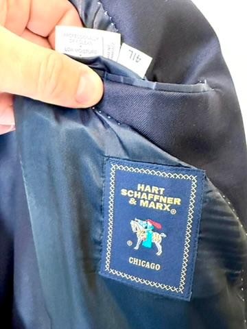 Hart Schaffner Marx Mens 2 Piece Suit 41L Navy Blue Wool Blend Pleated Pants USA