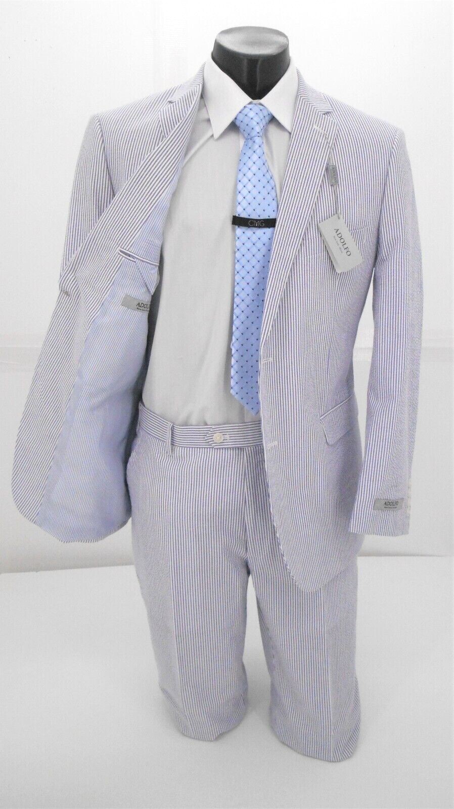 Adolfo Men’s Original Blue & White Seersucker 100% Cotton 2B Suit $149.99