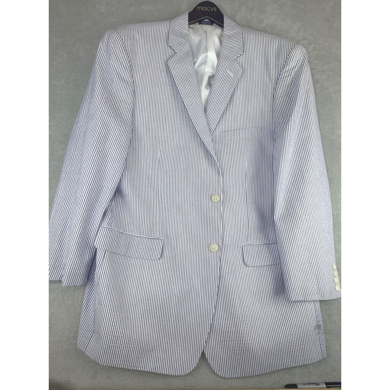 Saddlebred Mens 44R Seersucker Blazer Blue White Striped Cotton Sport Coat 44R