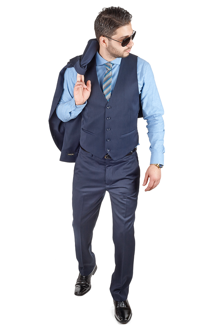 Slim Fit Men Suit 3 Piece Vested Navy Blue Notch Lapel Double Vents By AZAR MAN
