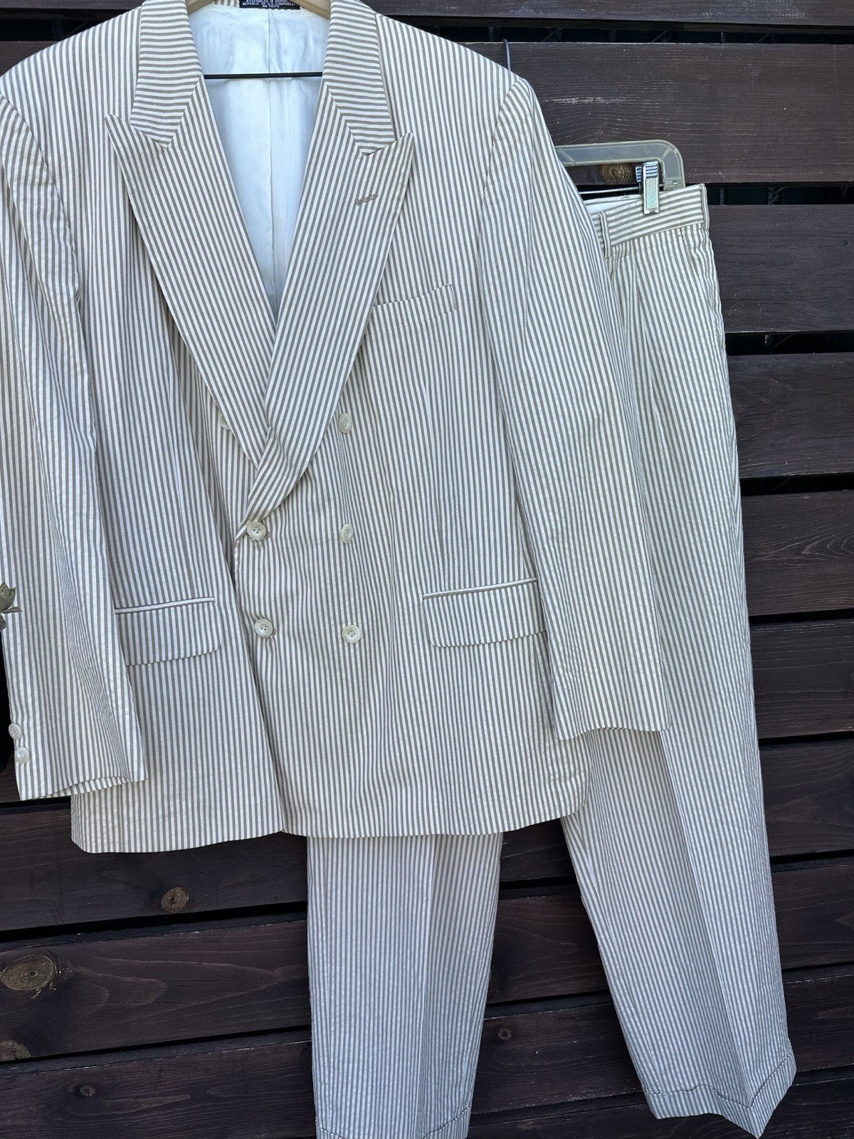 Vtg Men’s Huntington 100% Cotton Cream Seersucker Suit Size 44R / 38 Pants
