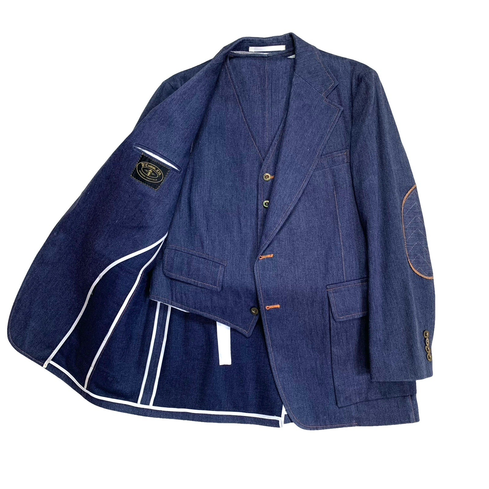 1970s Custom 40 R D’Camm LTD Blue Denim Cotton 3pc Patch Pocket Suit Made USA