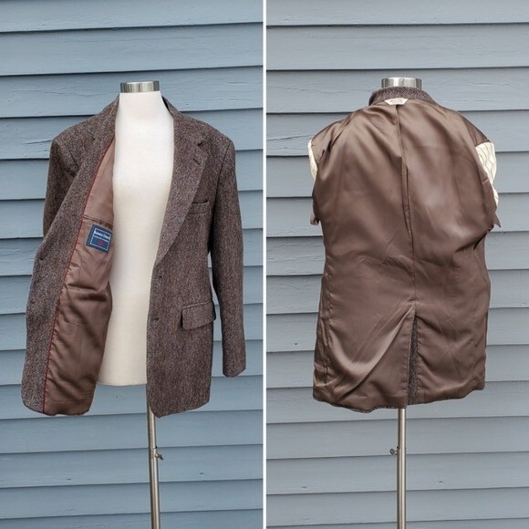 Vintage 80s Retro Preppy Herringbone Brown Multicolor Wool Blazer 40R
