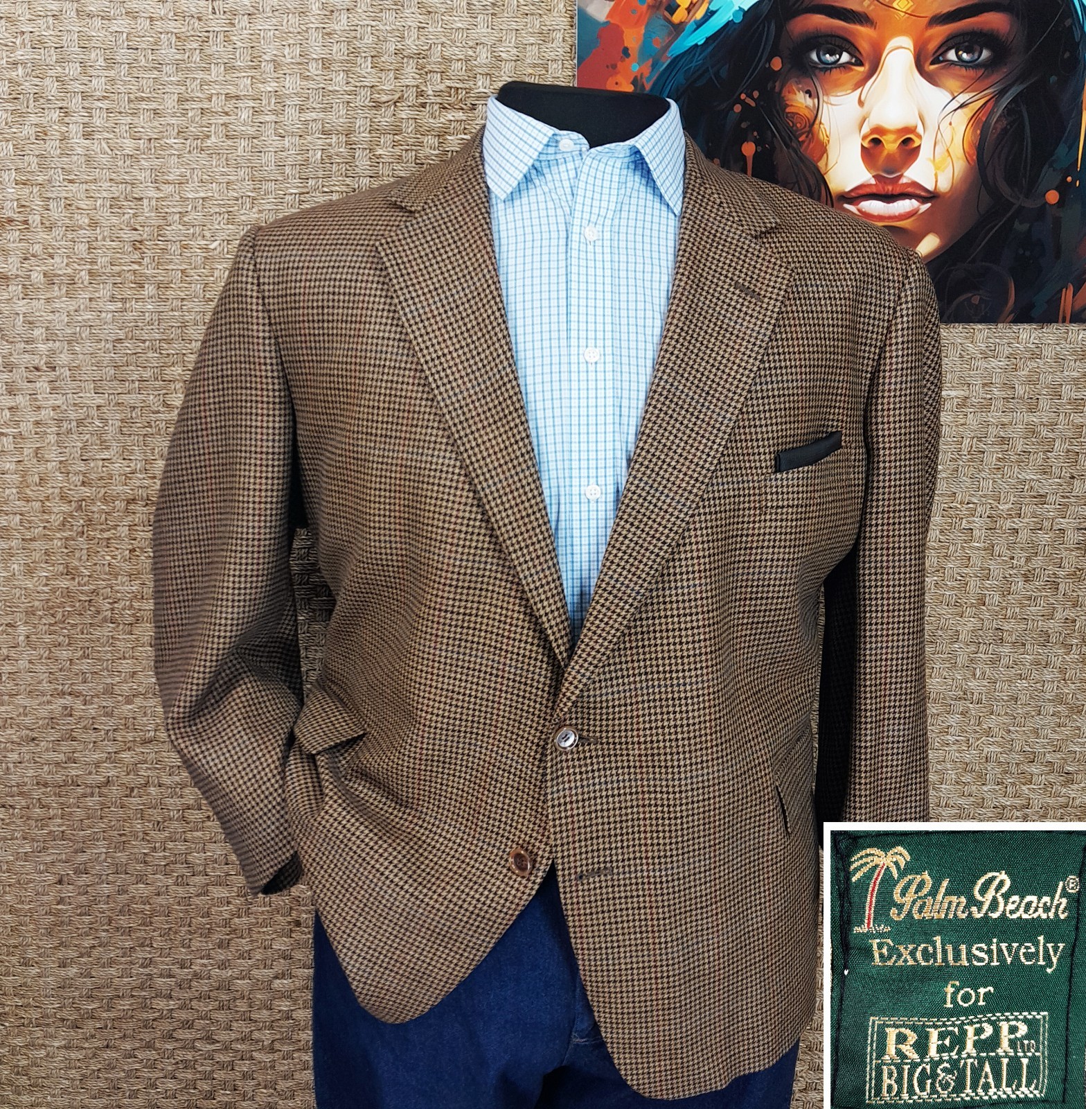 PALM BEACH Men’s 56 L Fall/Winter Wool Sport Coat Brown Blue and Tan Houndstooth