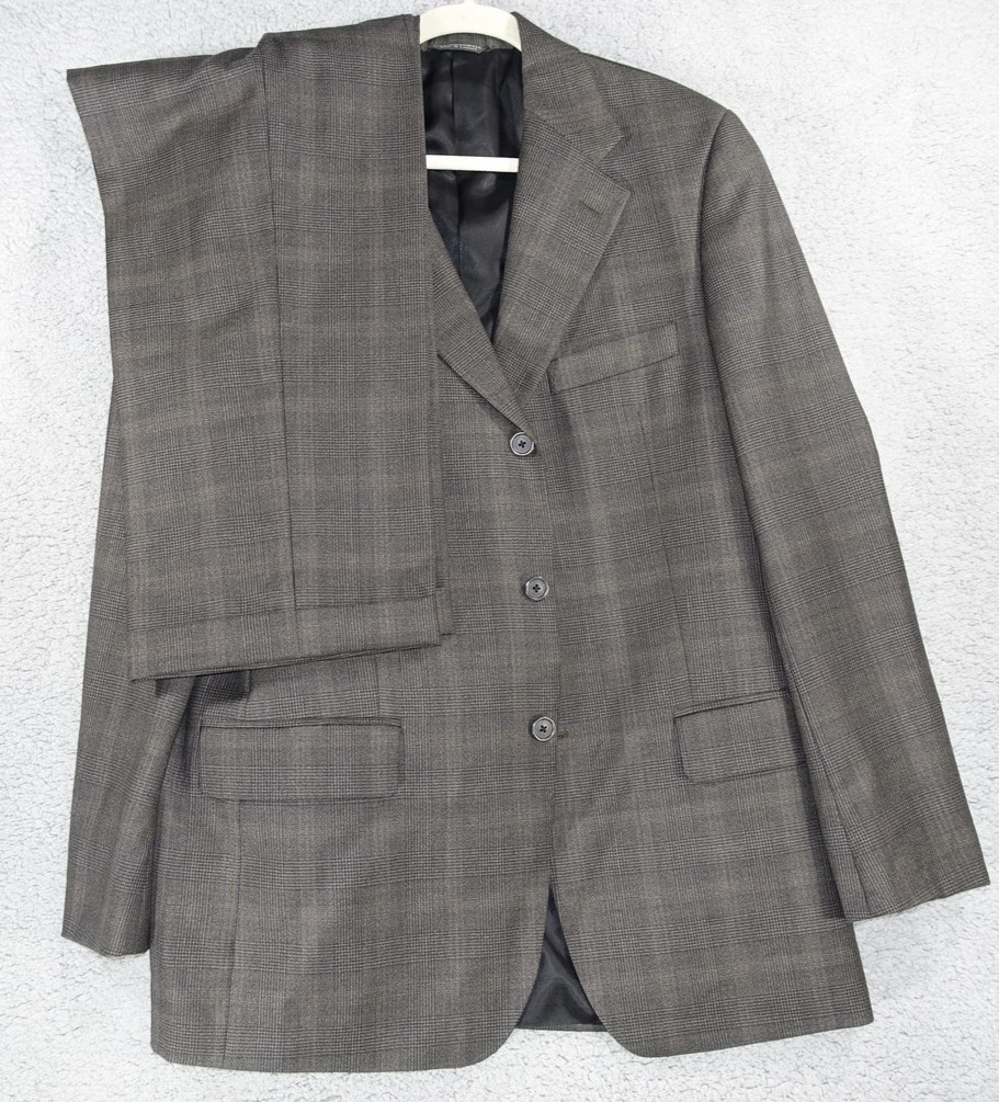Harold Powell Loro Piana Mens Suit Two Button Brown Grey Windowpane 42L-T 36