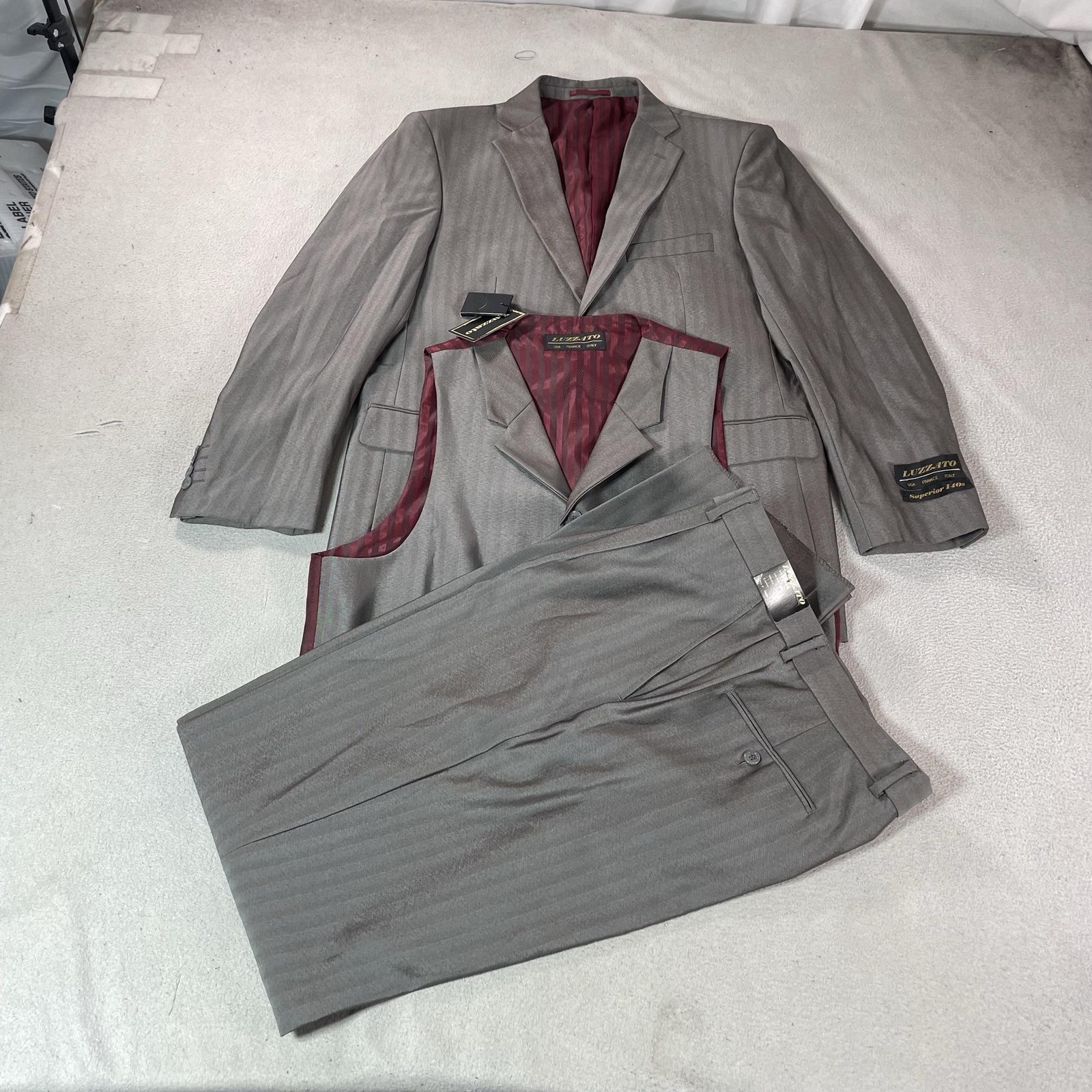 Luzzato Suit Set Mens 42 L Gray Striped 3 Piece 35L Pants Wedding Formal New