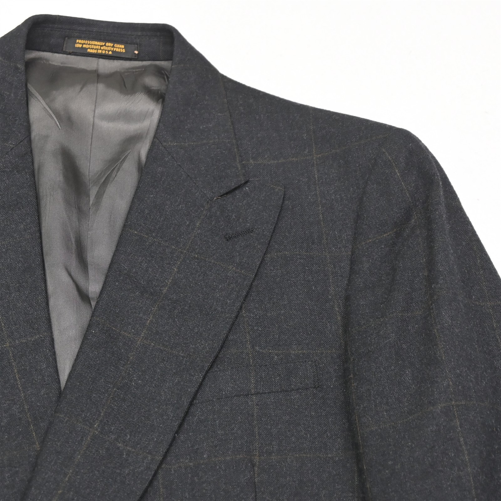 Vtg USA Made Double Breasted 42L 34×34 Gray Windowpane Wool Flannel Mens Suit