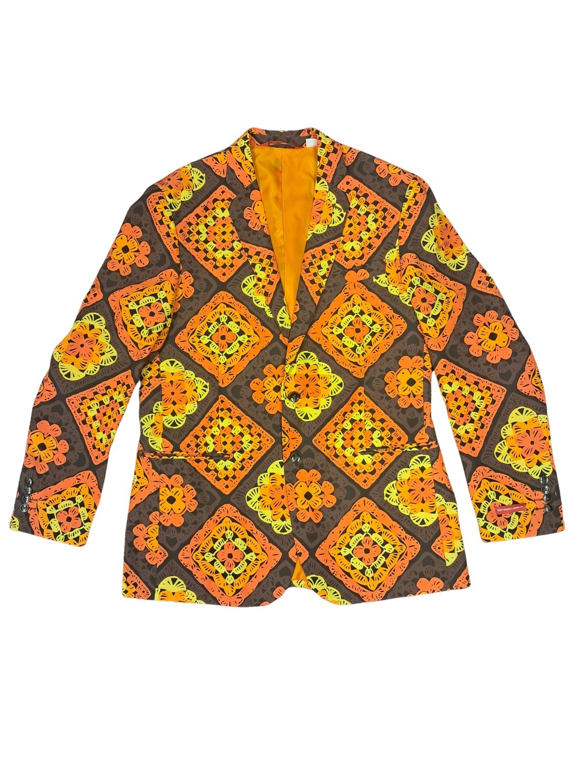 Shinesty Blazer Mens 44 Orange Brown Yellow Granny Square Jacket Fun Casual