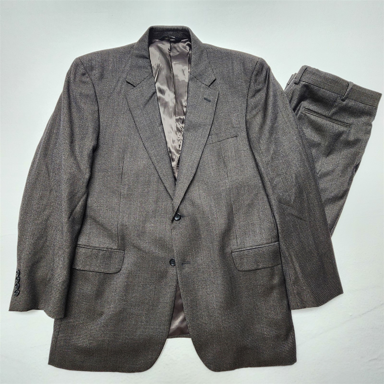 Jos A Bank 44L 36×32 Brown Houndstooth Wool Flannel 2Btn 2Pc Mens Suit