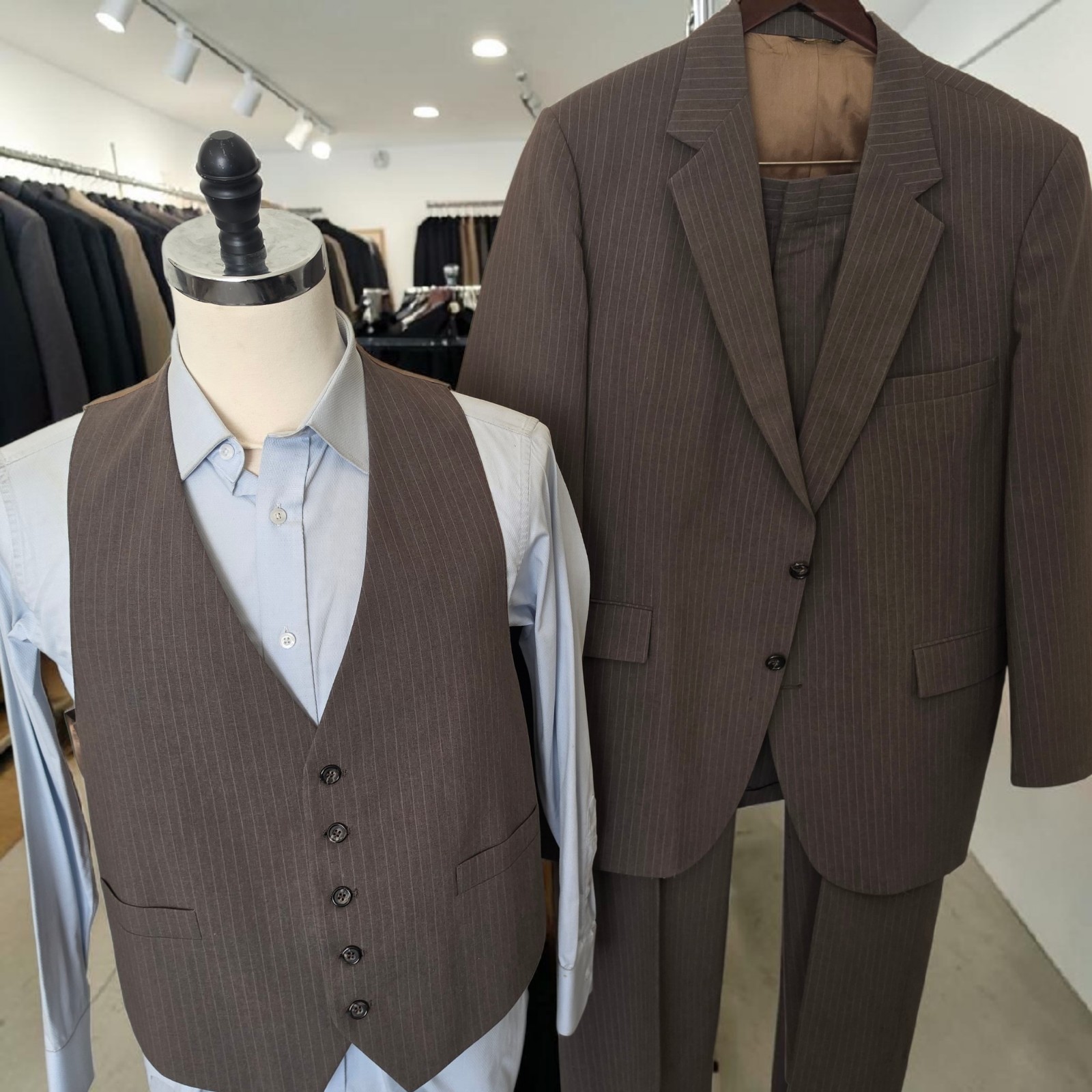 Vintage 3 Piece Suit 46S 40×28 Brown Pinstripe Hopsack Kuppenheimer