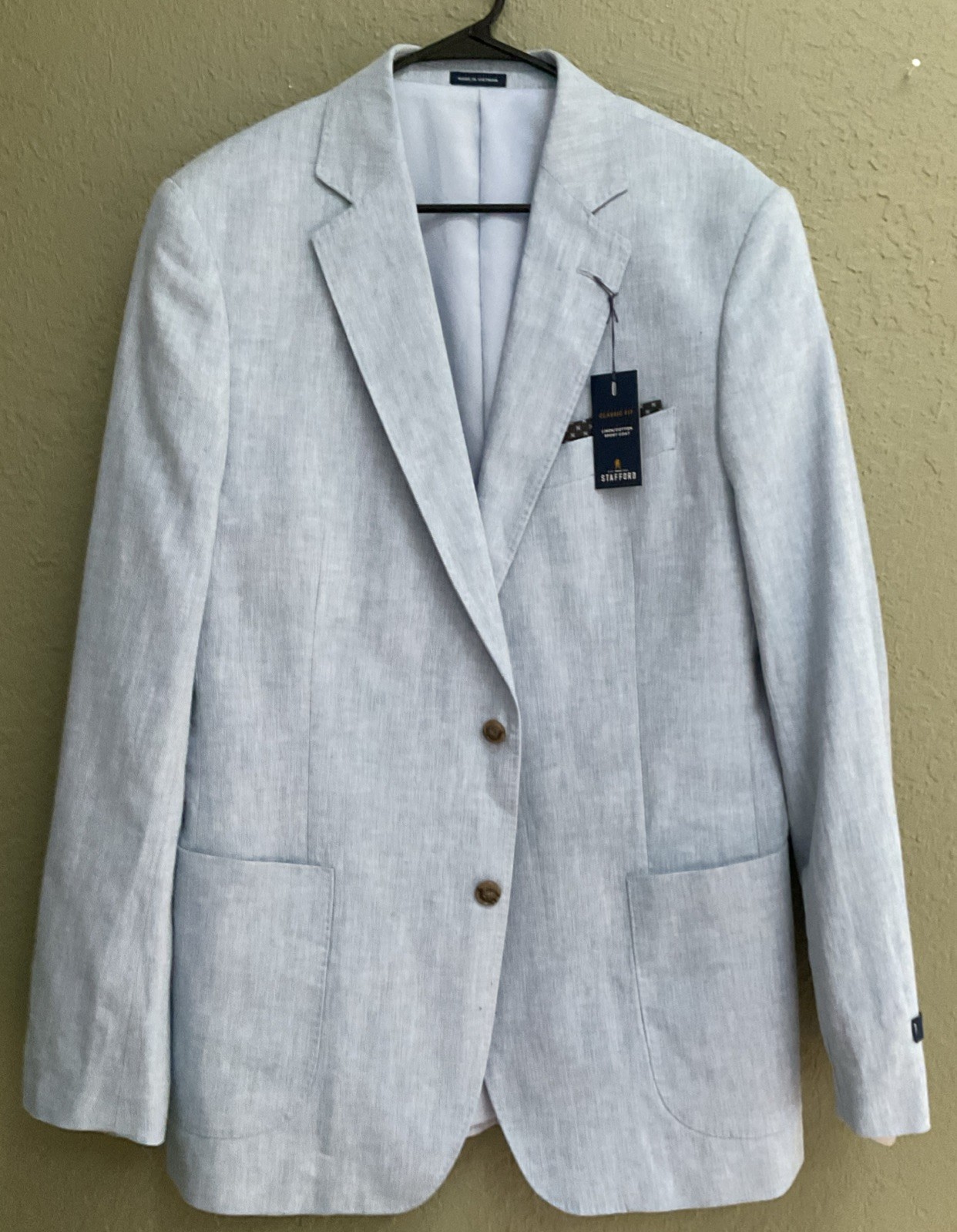 NEW NWT Stafford Classic Fit Linen Cotton Sport Coat Blue Herringbone Mens 42 L