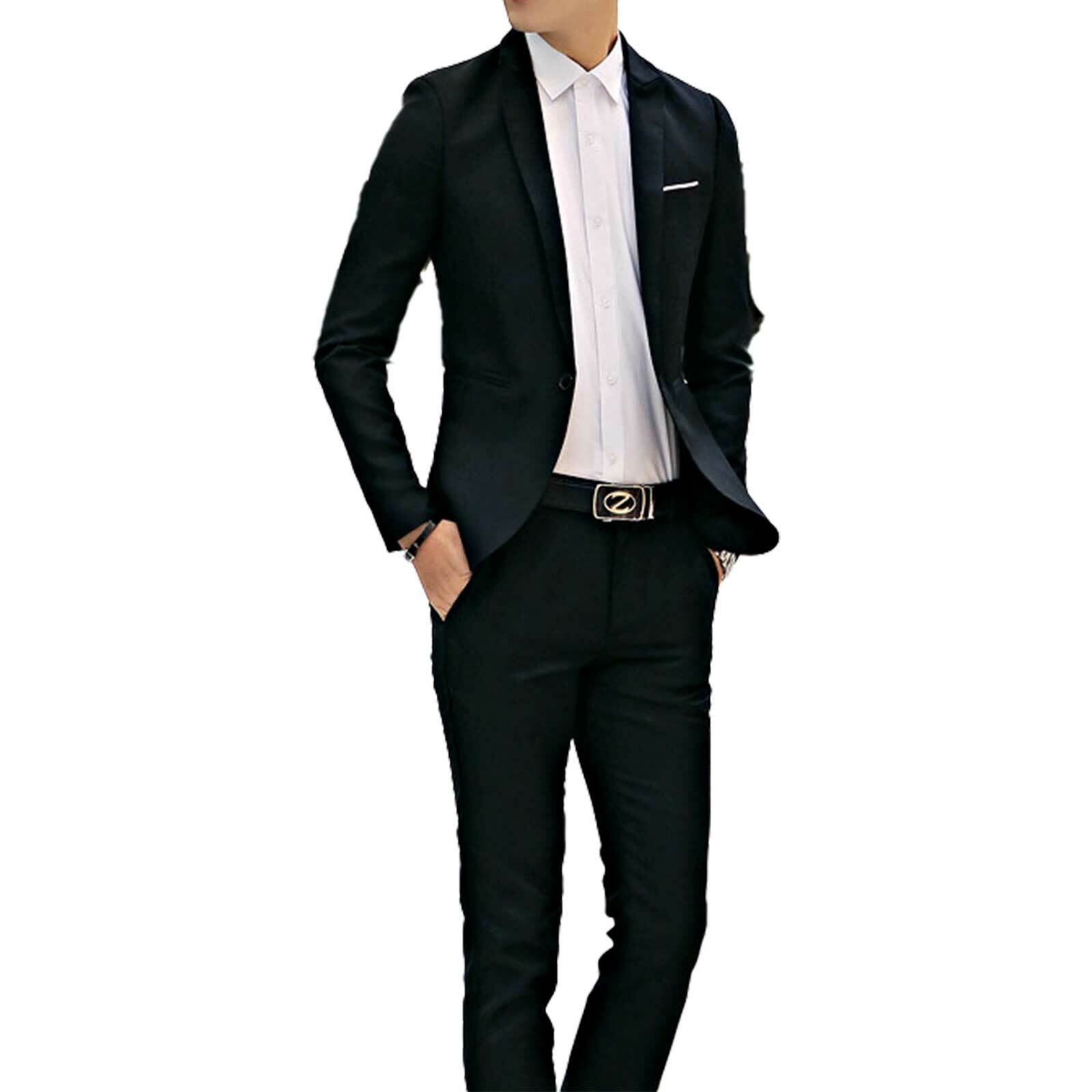 Mens Business Blazer Jacket Pants Suits One Button Slim Fit 2-Piece Set Suit