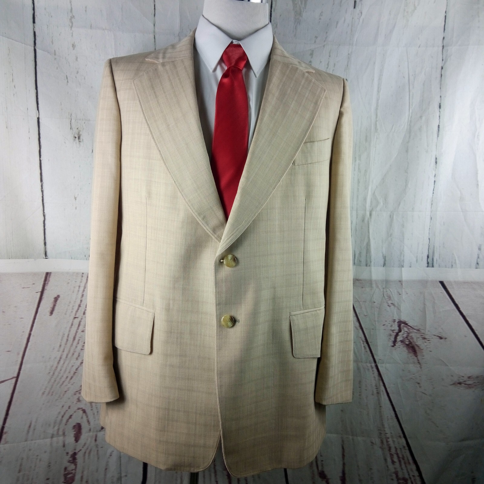 Custom Made 46L 2 Button Beige Stitched Lapel Plaid Suit Blazer Jacket