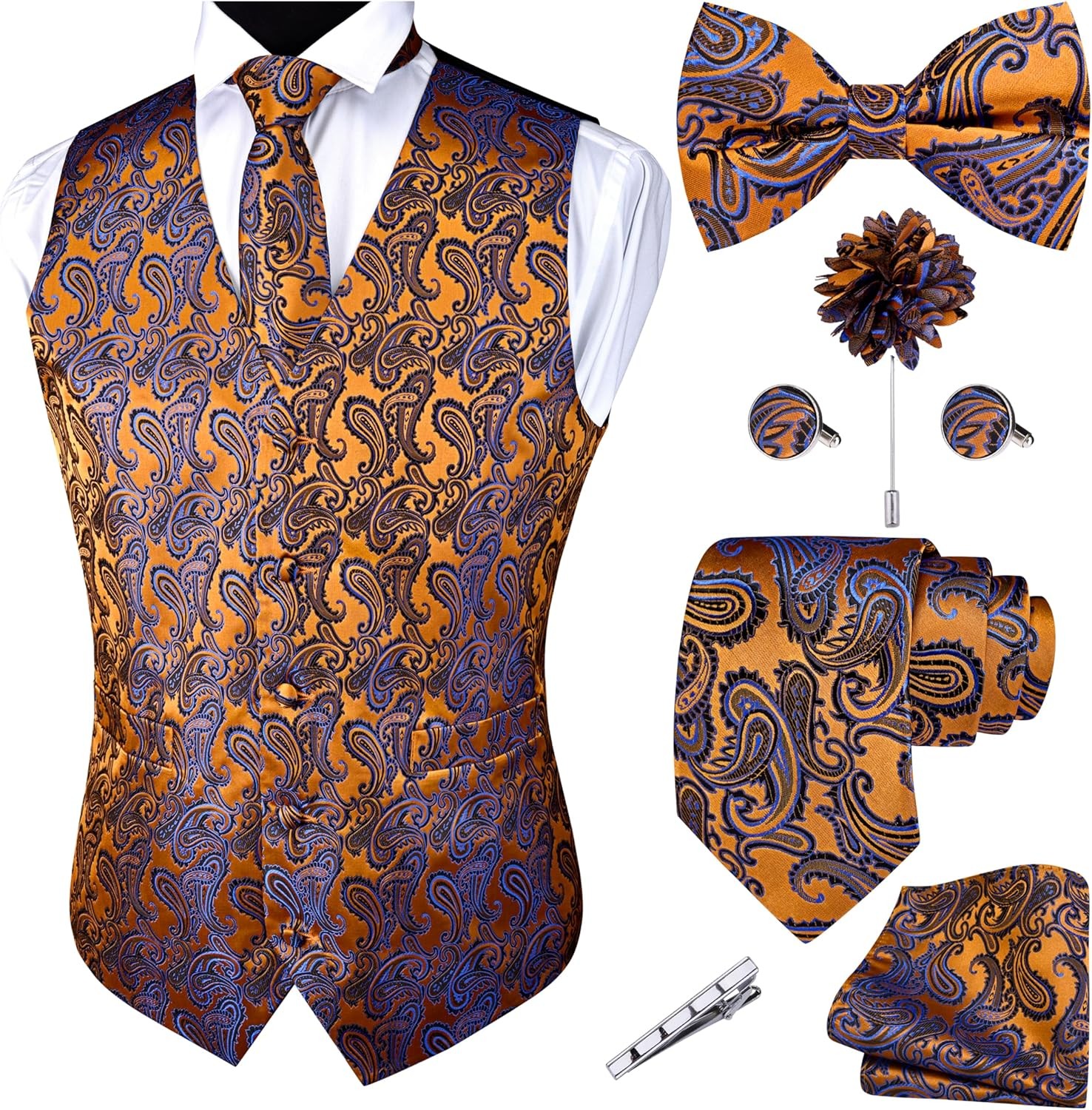 7PC Men’s Formal Paisley Jacquard Vest Tie Set Wedding Business Party Waistcoat