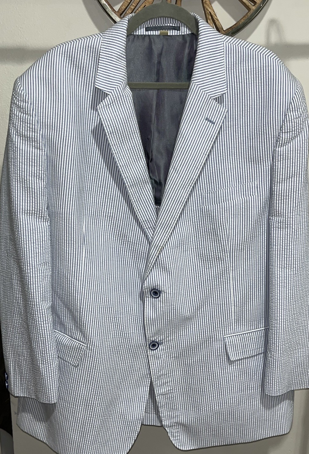 Peter Christian Seersucker Blazer 50L Cotton Blue White Double Vent 2 Button (A)